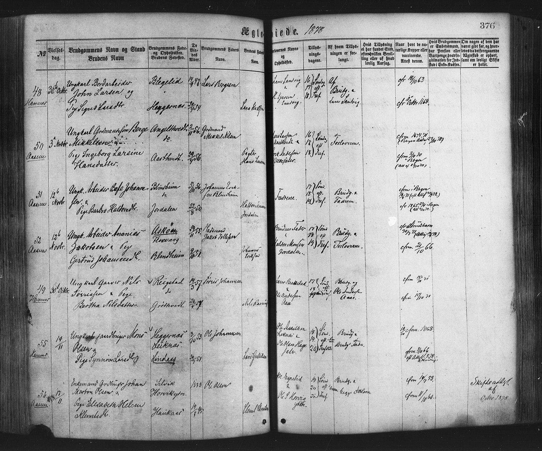 Hamre sokneprestembete, AV/SAB-A-75501/H/Ha/Haa/Haaa/L0015: Parish register (official) no. A 15, 1870-1881, p. 376