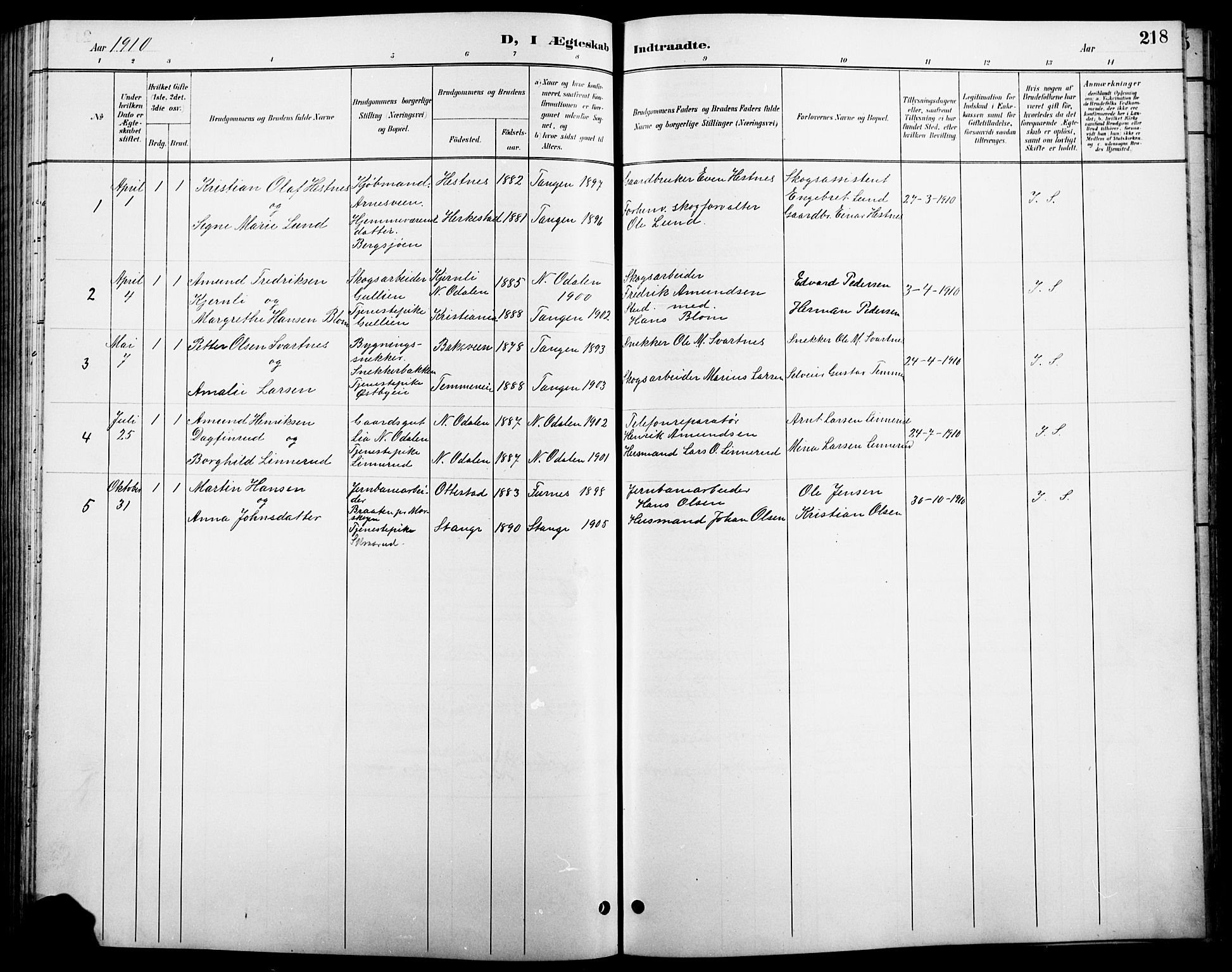 Stange prestekontor, AV/SAH-PREST-002/L/L0011: Parish register (copy) no. 11, 1895-1917, p. 218