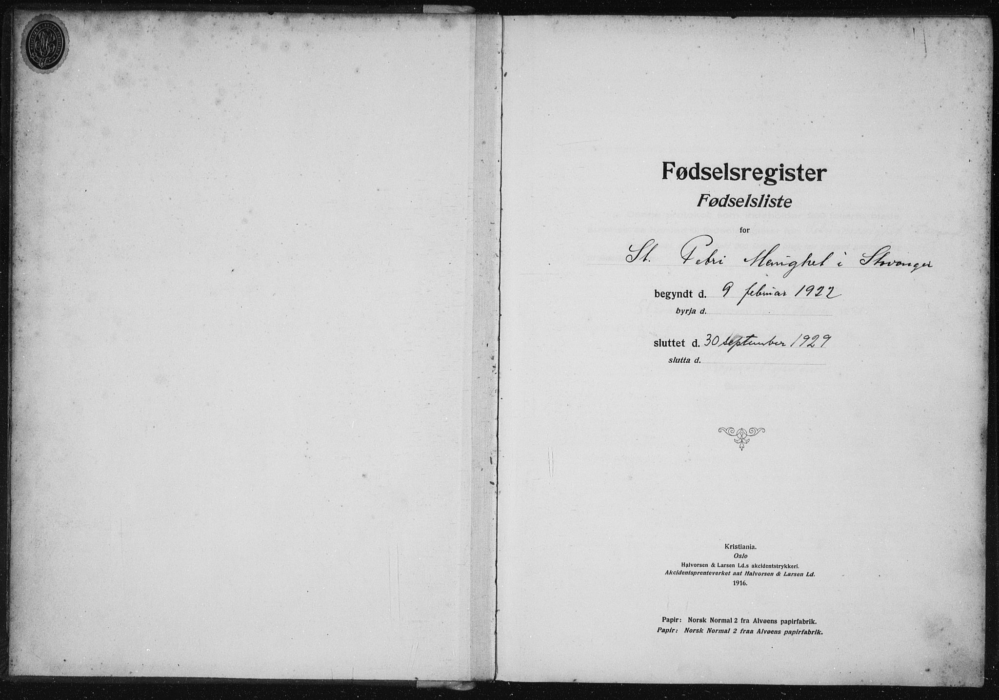 St. Petri sokneprestkontor, AV/SAST-A-101813/002/A/L0002: Birth register no. 2, 1922-1929