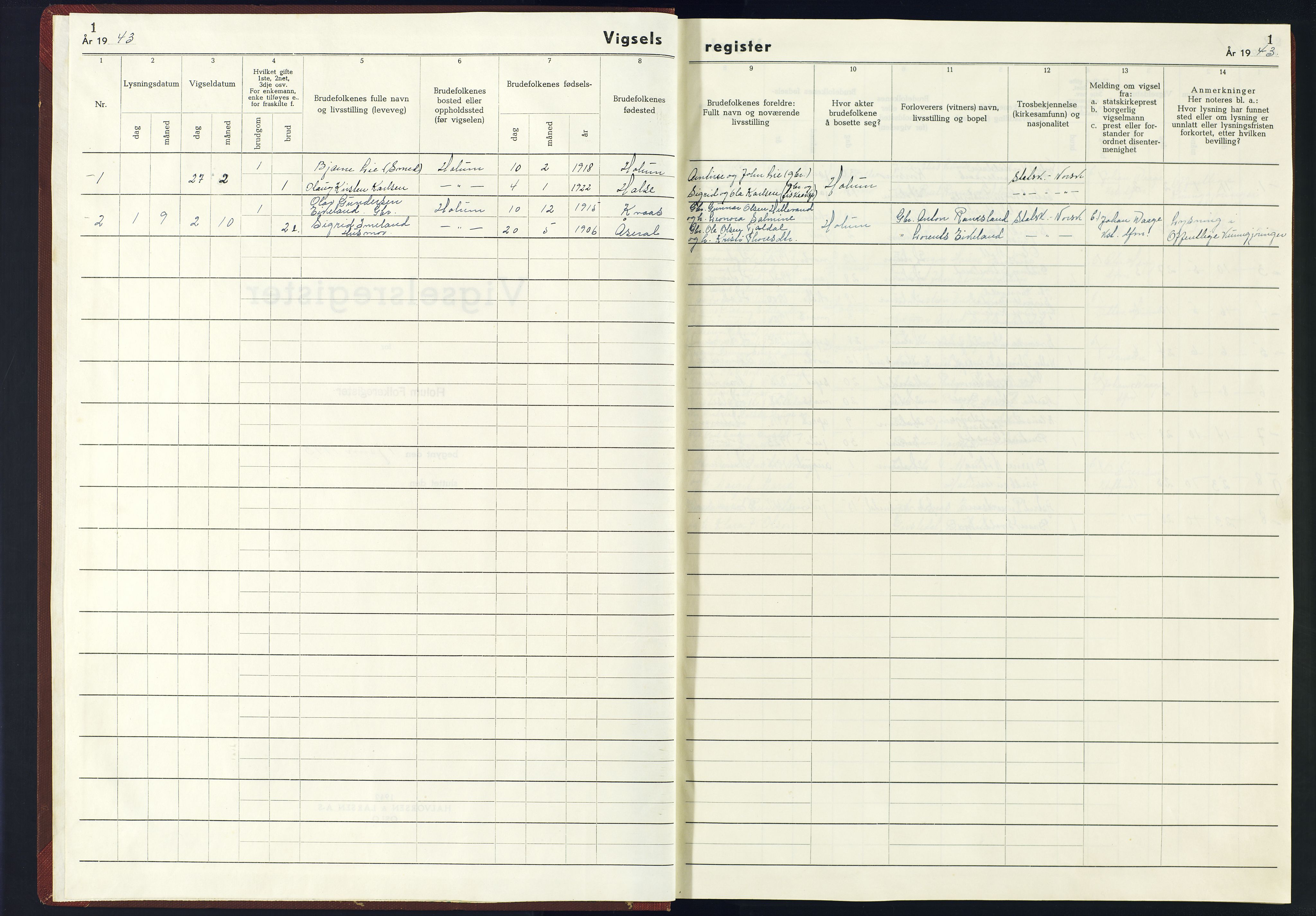 Holum sokneprestkontor, SAK/1111-0022/J/Jb/L0004: Marriage register no. II.6.4, 1943-1945, p. 1