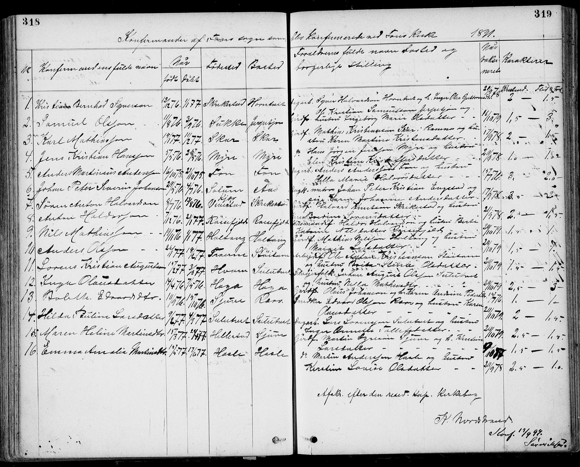 Ramnes kirkebøker, SAKO/A-314/G/Gb/L0001: Parish register (copy) no. II 1, 1869-1904, p. 318-319