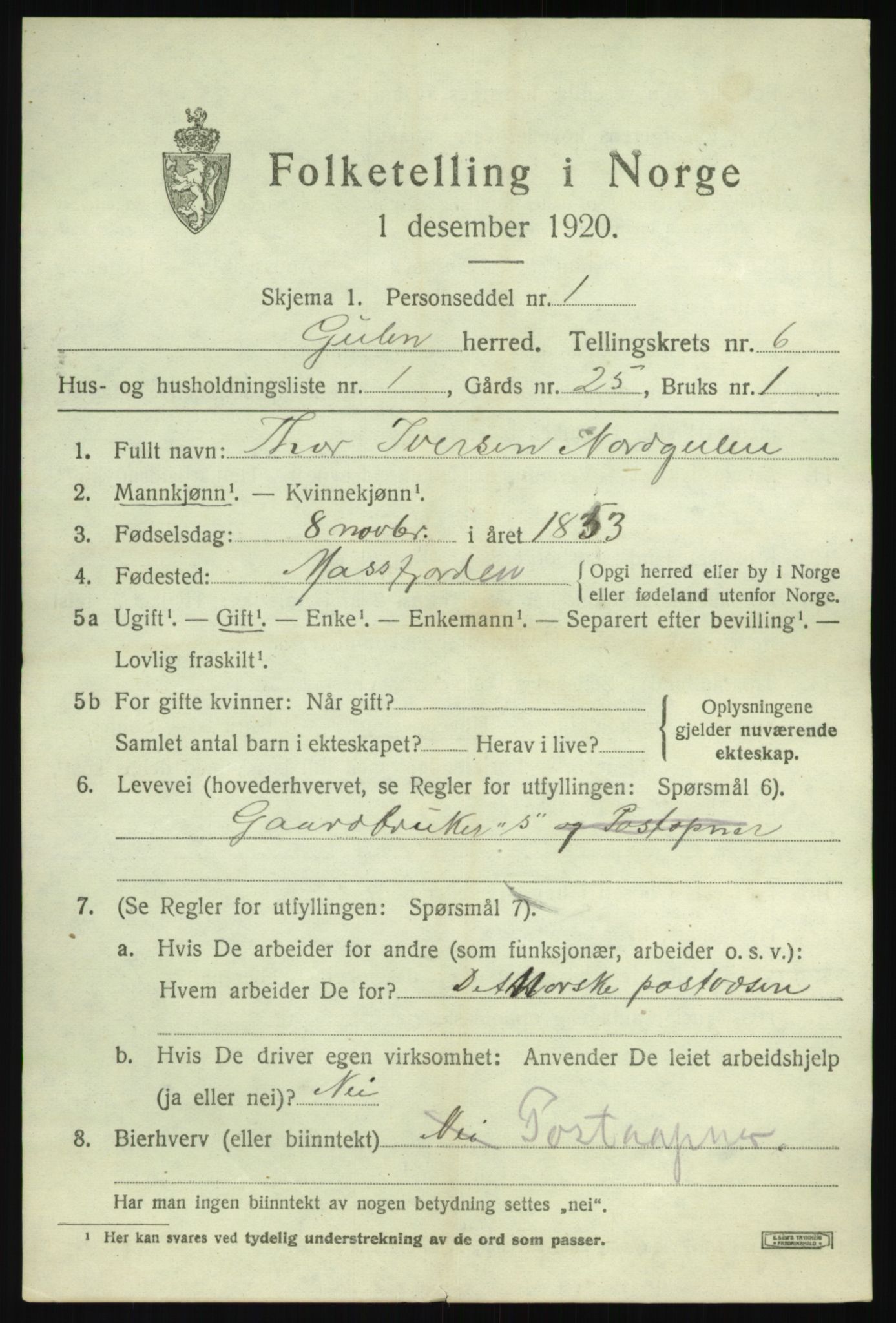 SAB, 1920 census for Gulen, 1920, p. 2597