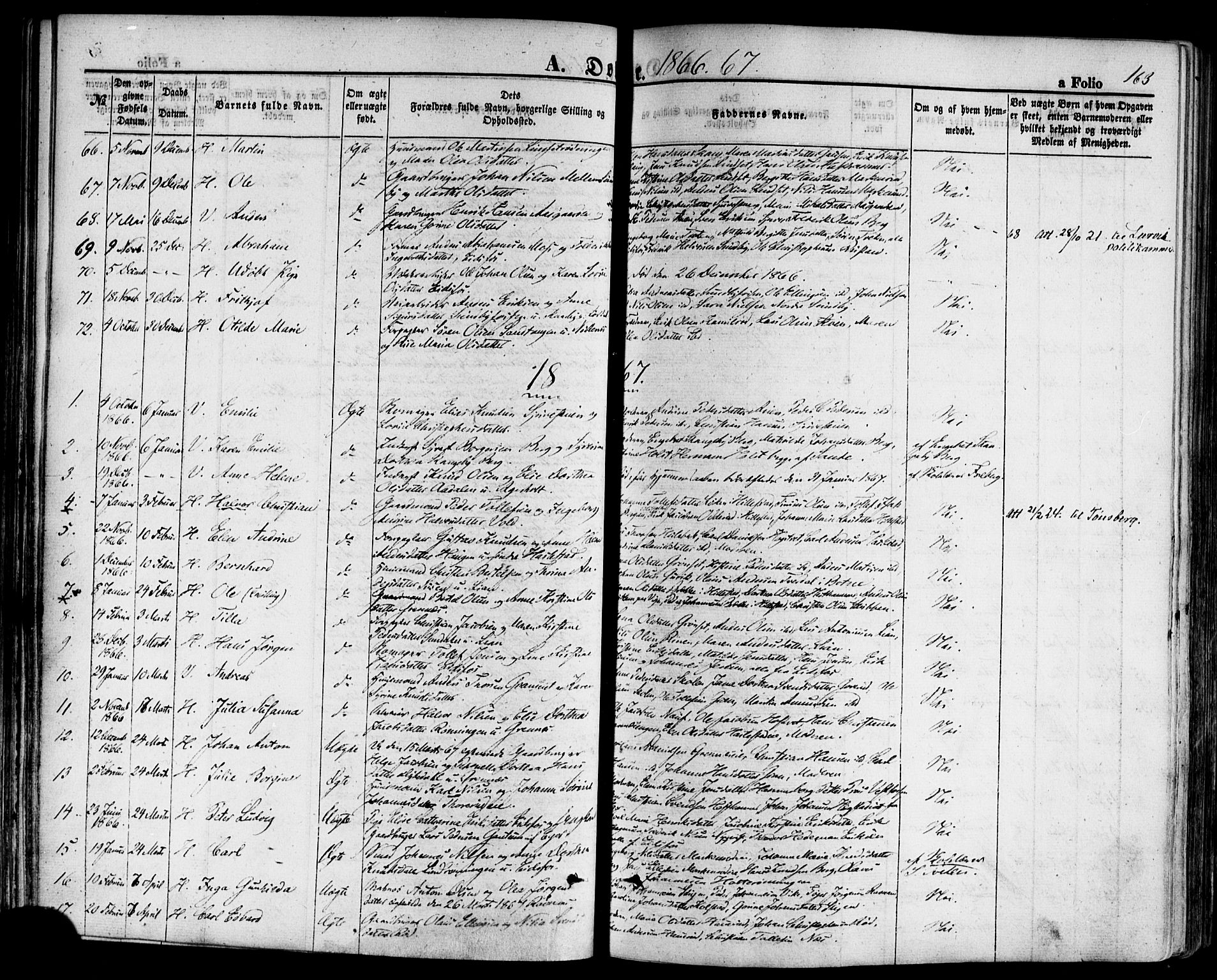 Hof kirkebøker, SAKO/A-64/F/Fa/L0006: Parish register (official) no. I 6, 1851-1877, p. 163