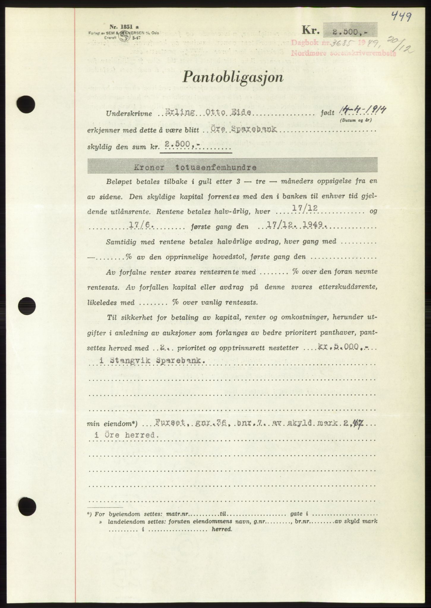 Nordmøre sorenskriveri, AV/SAT-A-4132/1/2/2Ca: Mortgage book no. B103, 1949-1950, Diary no: : 3685/1949