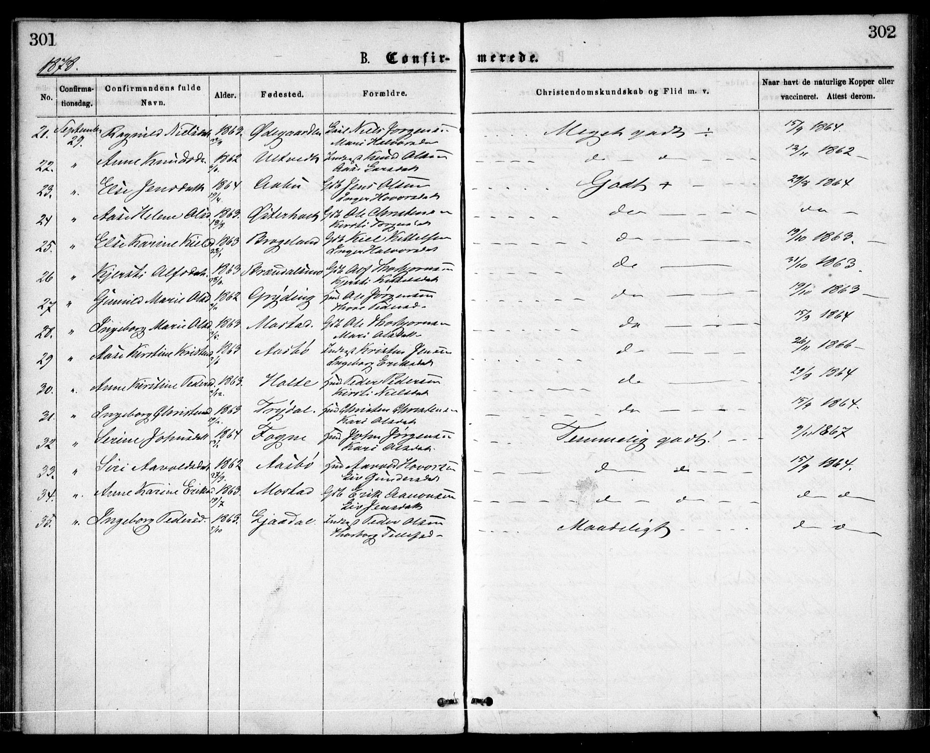 Gjerstad sokneprestkontor, SAK/1111-0014/F/Fa/Faa/L0008: Parish register (official) no. A 8, 1876-1884, p. 301-302