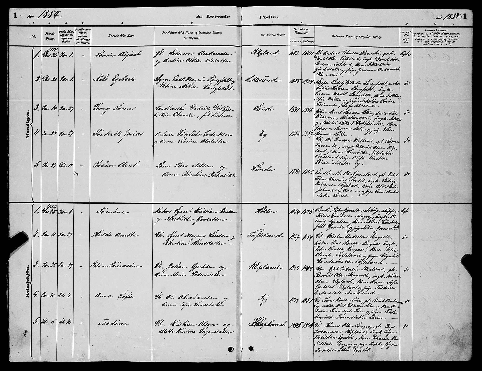 Søgne sokneprestkontor, SAK/1111-0037/F/Fb/Fbb/L0005: Parish register (copy) no. B 5, 1884-1891, p. 1