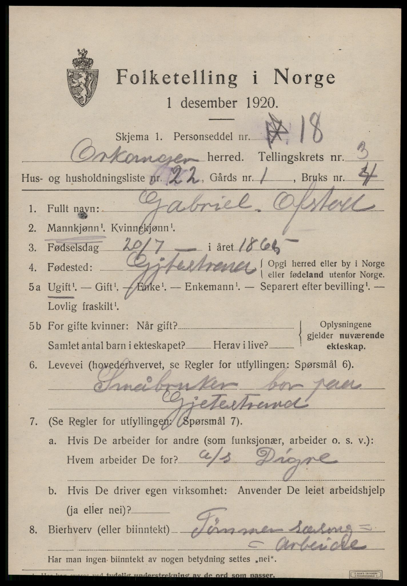 SAT, 1920 census for Orkanger, 1920, p. 2107