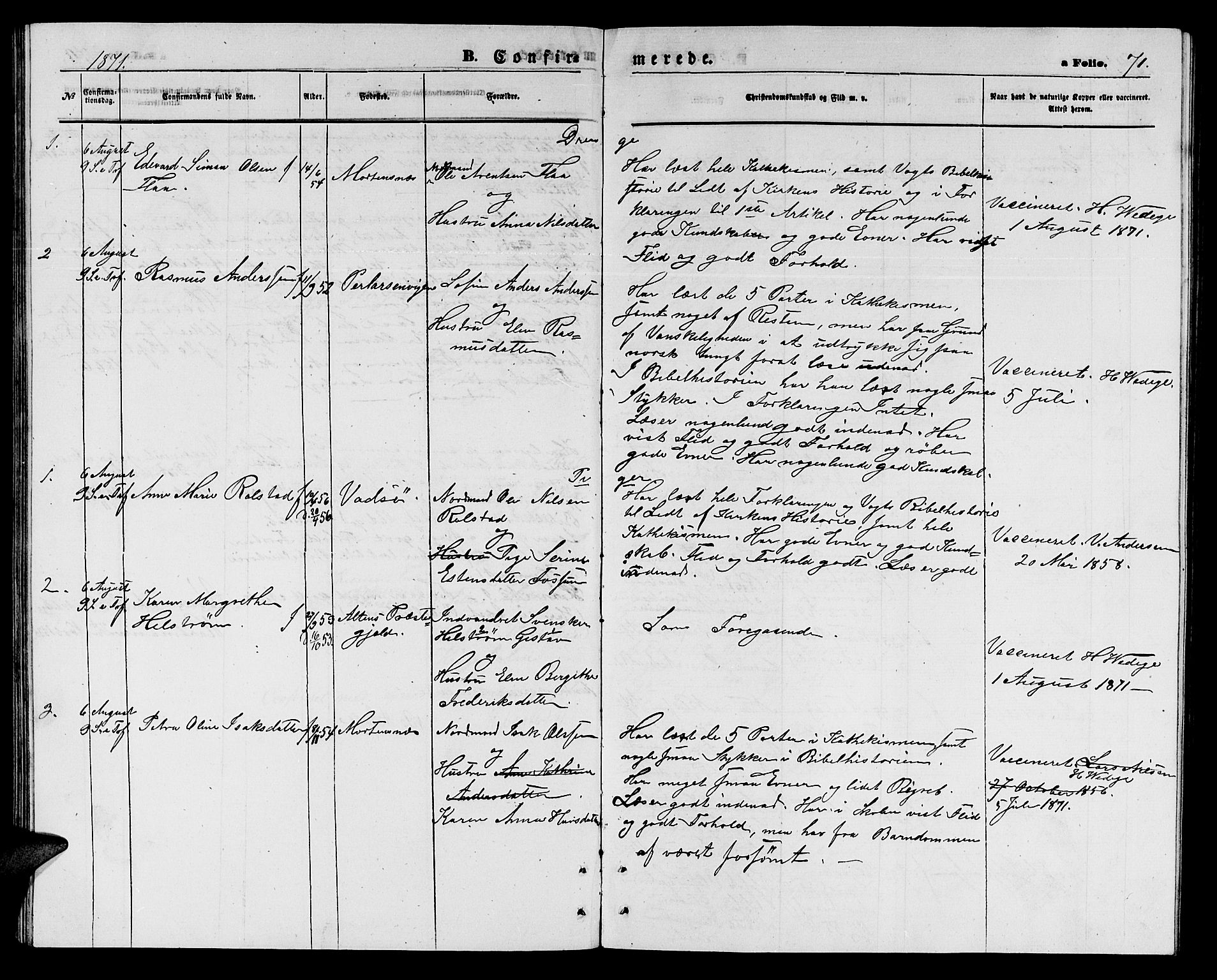 Nesseby sokneprestkontor, SATØ/S-1330/H/Hb/L0003klokker: Parish register (copy) no. 3, 1869-1876, p. 71