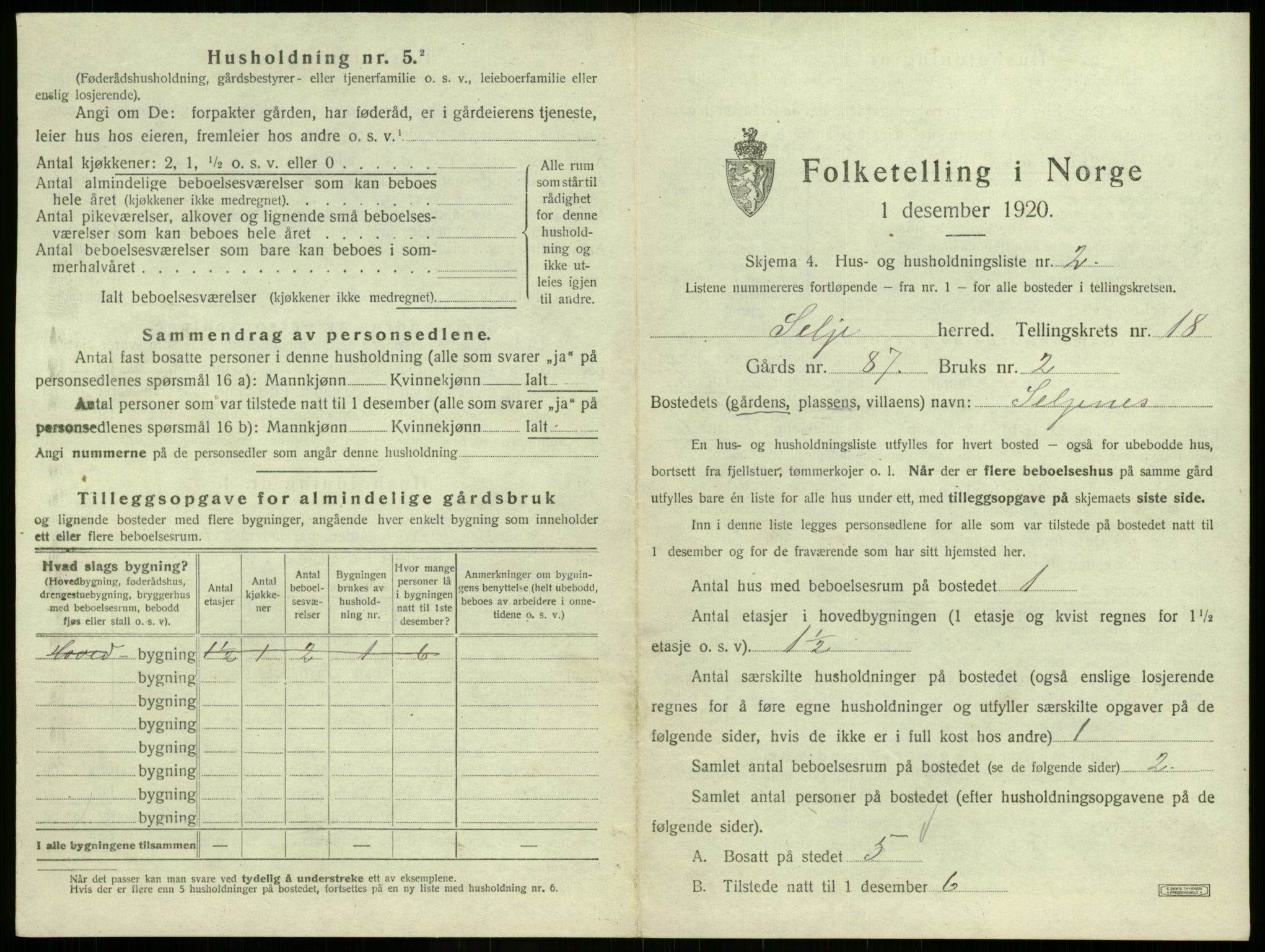 SAB, 1920 census for Selje, 1920, p. 1074