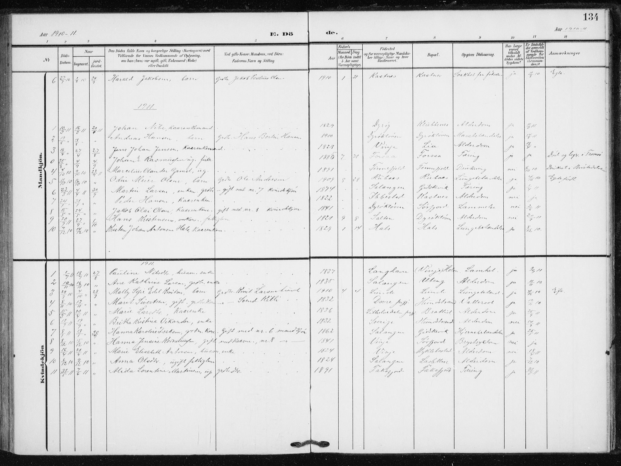 Tranøy sokneprestkontor, AV/SATØ-S-1313/I/Ia/Iaa/L0013kirke: Parish register (official) no. 13, 1905-1922, p. 134