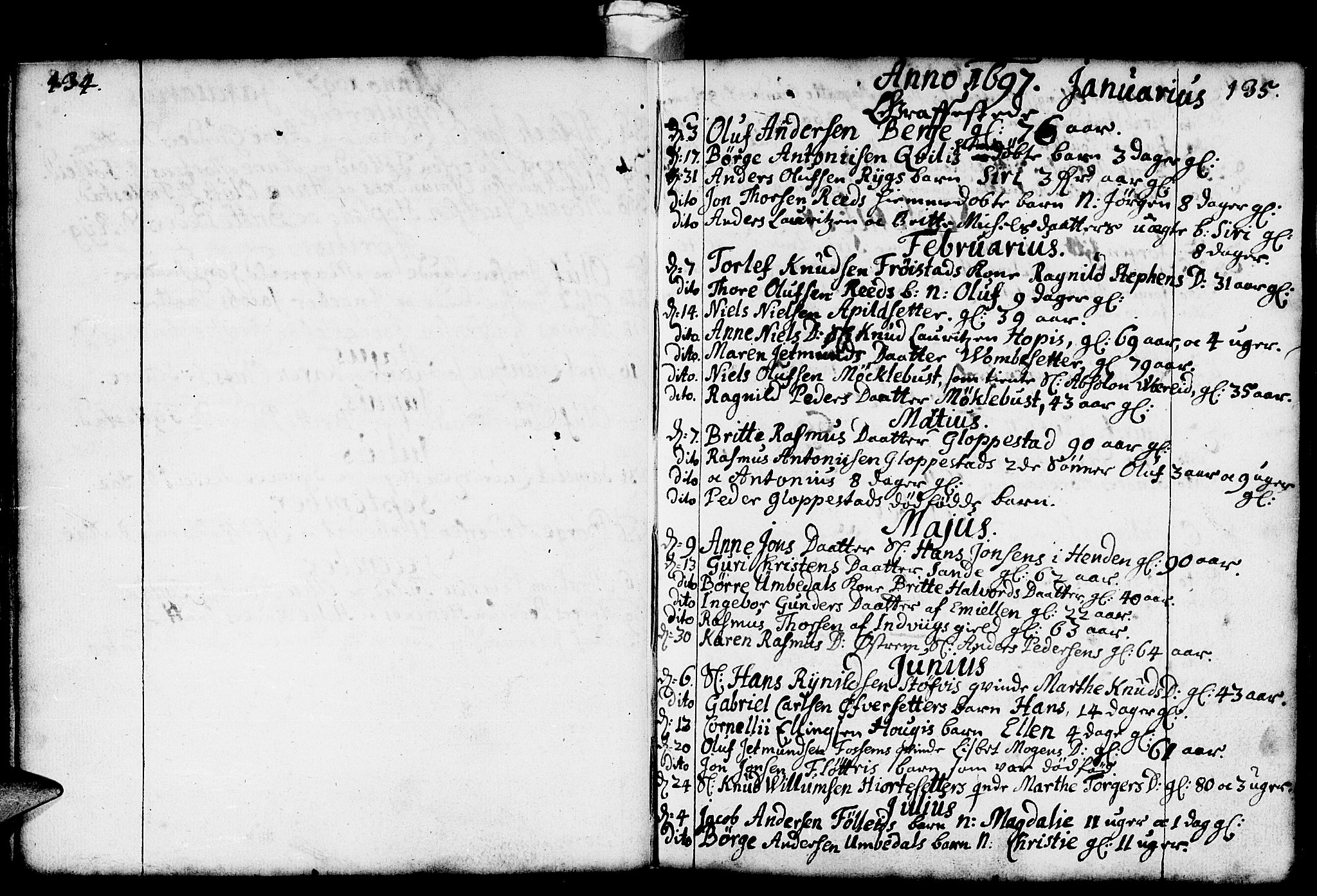 Gloppen sokneprestembete, SAB/A-80101/H/Haa/Haaa/L0001: Parish register (official) no. A 1, 1686-1711, p. 134-135