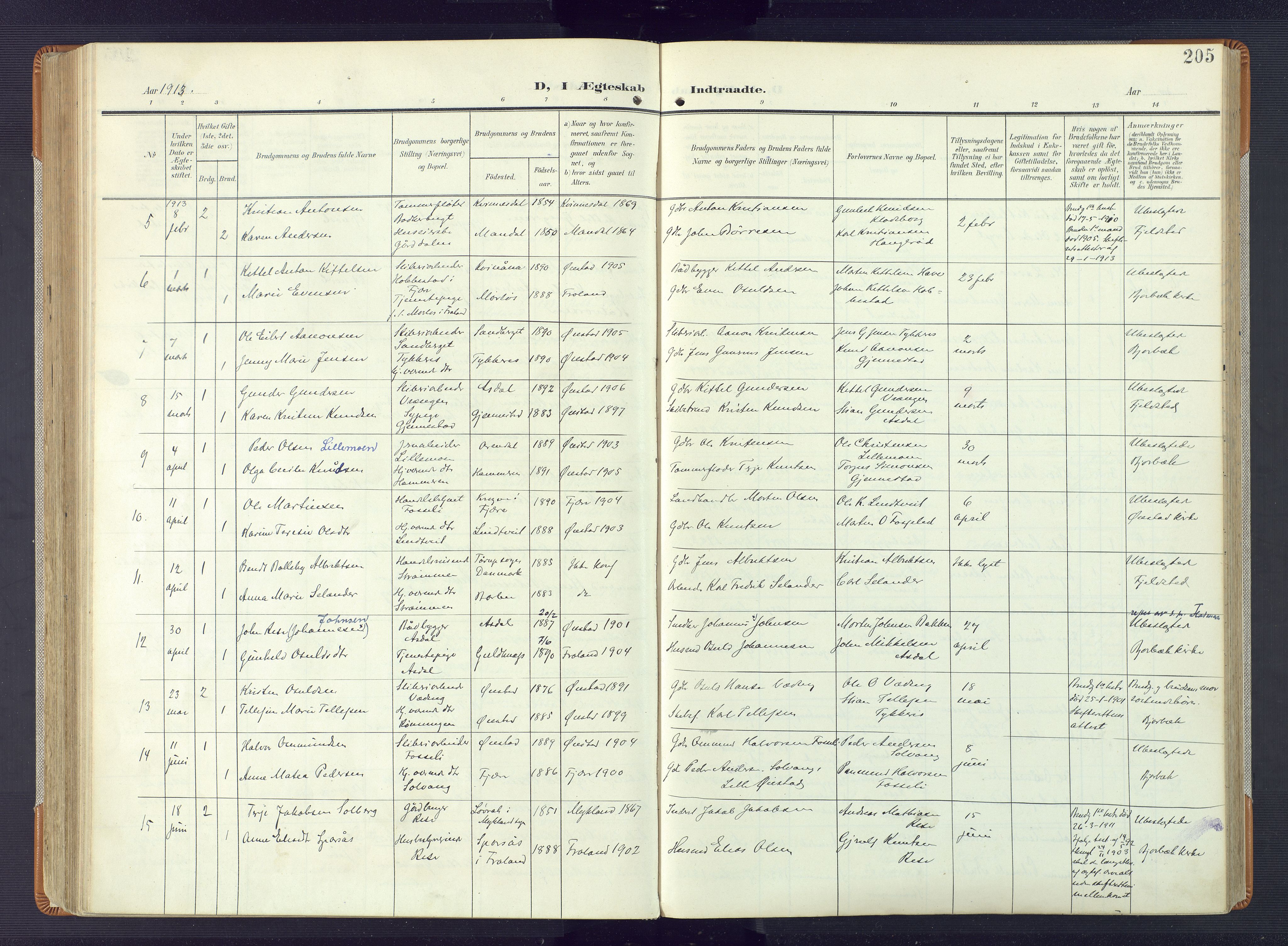 Øyestad sokneprestkontor, AV/SAK-1111-0049/F/Fa/L0019: Parish register (official) no. A 19, 1908-1922, p. 205