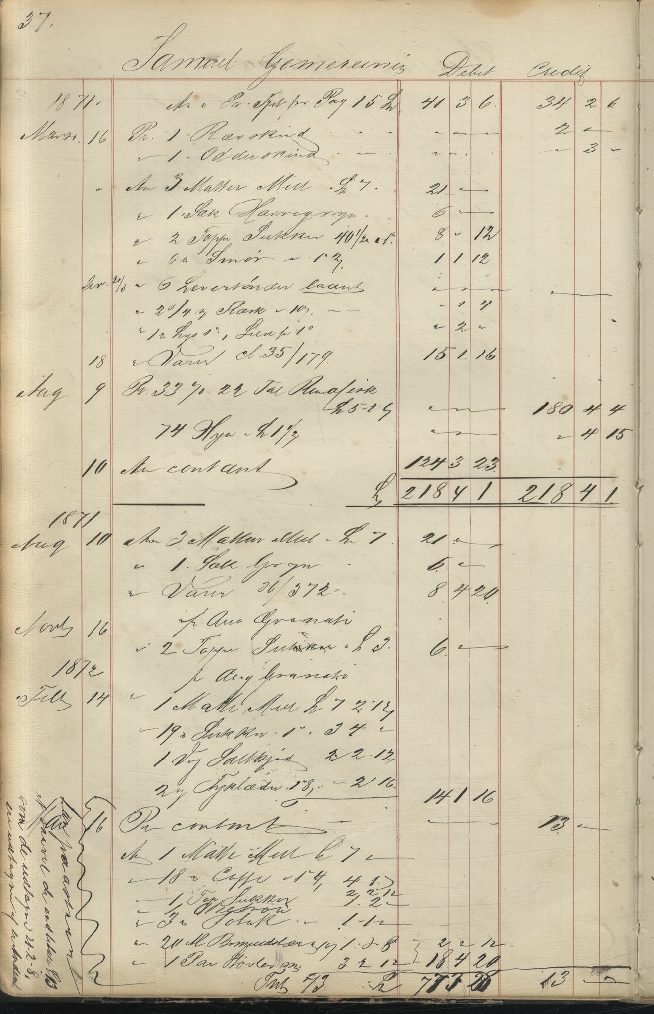 Brodtkorb handel A/S, VAMU/A-0001/F/Fc/L0001/0001: Konto for kvener og nordmenn på Kolahalvøya  / Conto for Kvæner og Nordmænd paa Russefinmarken No 1, 1868-1894, p. 37/2