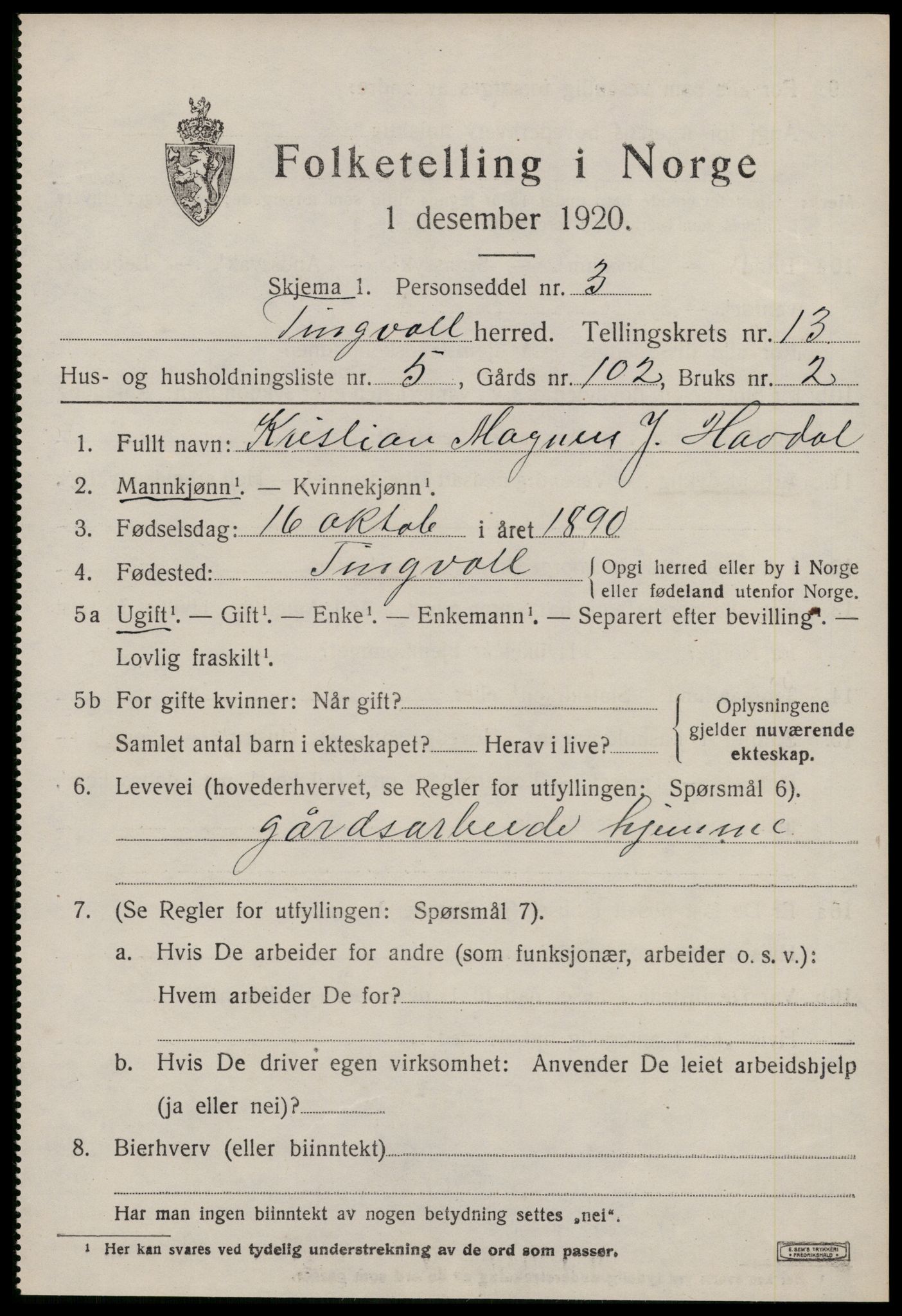 SAT, 1920 census for Tingvoll, 1920, p. 6870