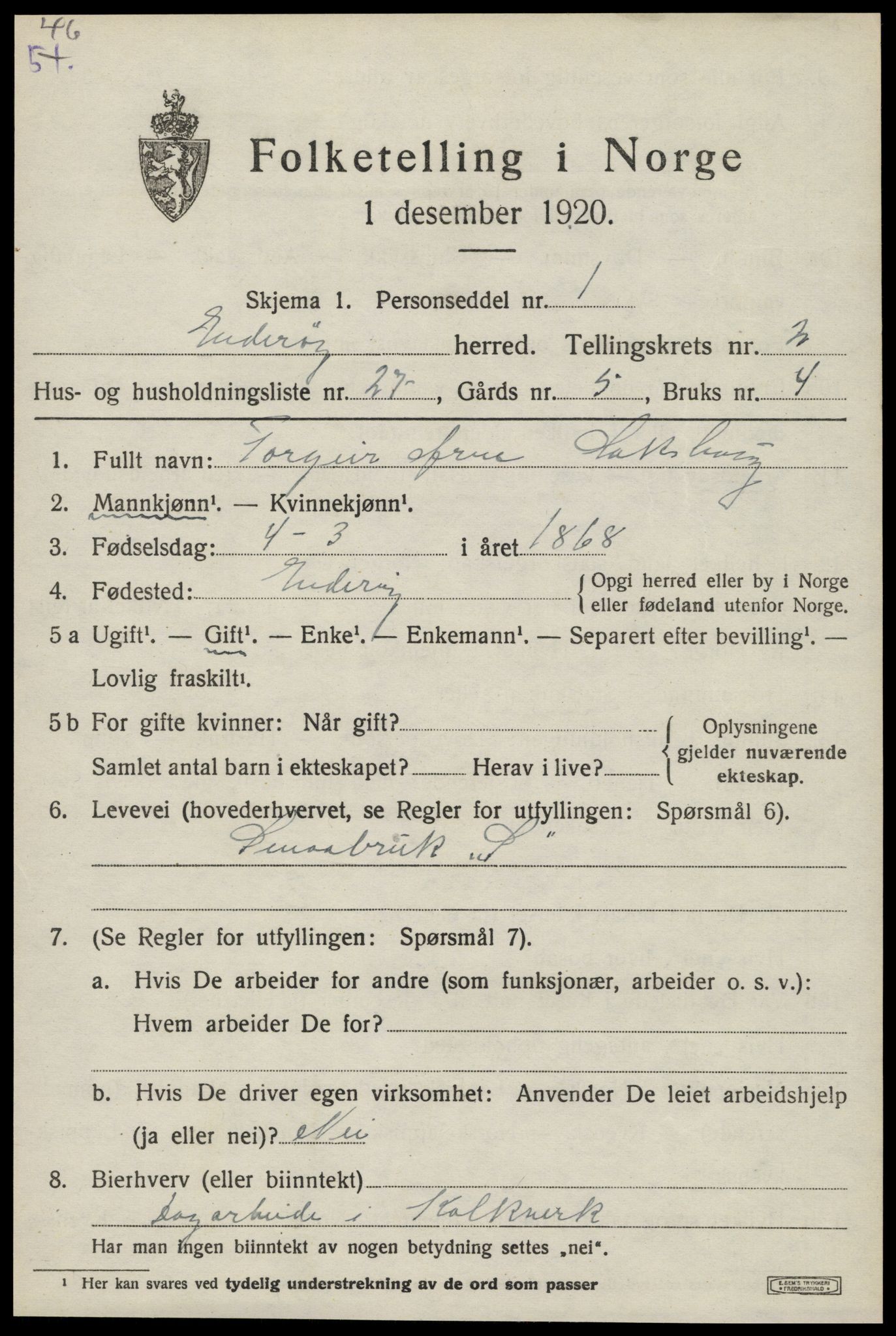 SAT, 1920 census for Inderøy, 1920, p. 2127