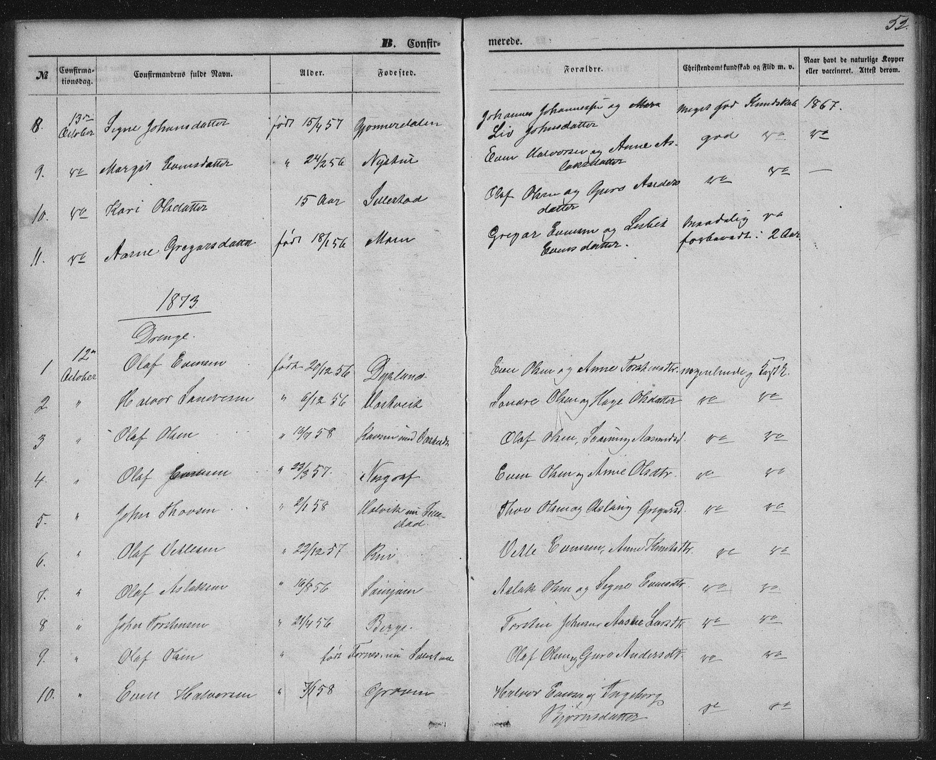 Seljord kirkebøker, AV/SAKO-A-20/G/Gc/L0002: Parish register (copy) no. III 2, 1872-1886, p. 52