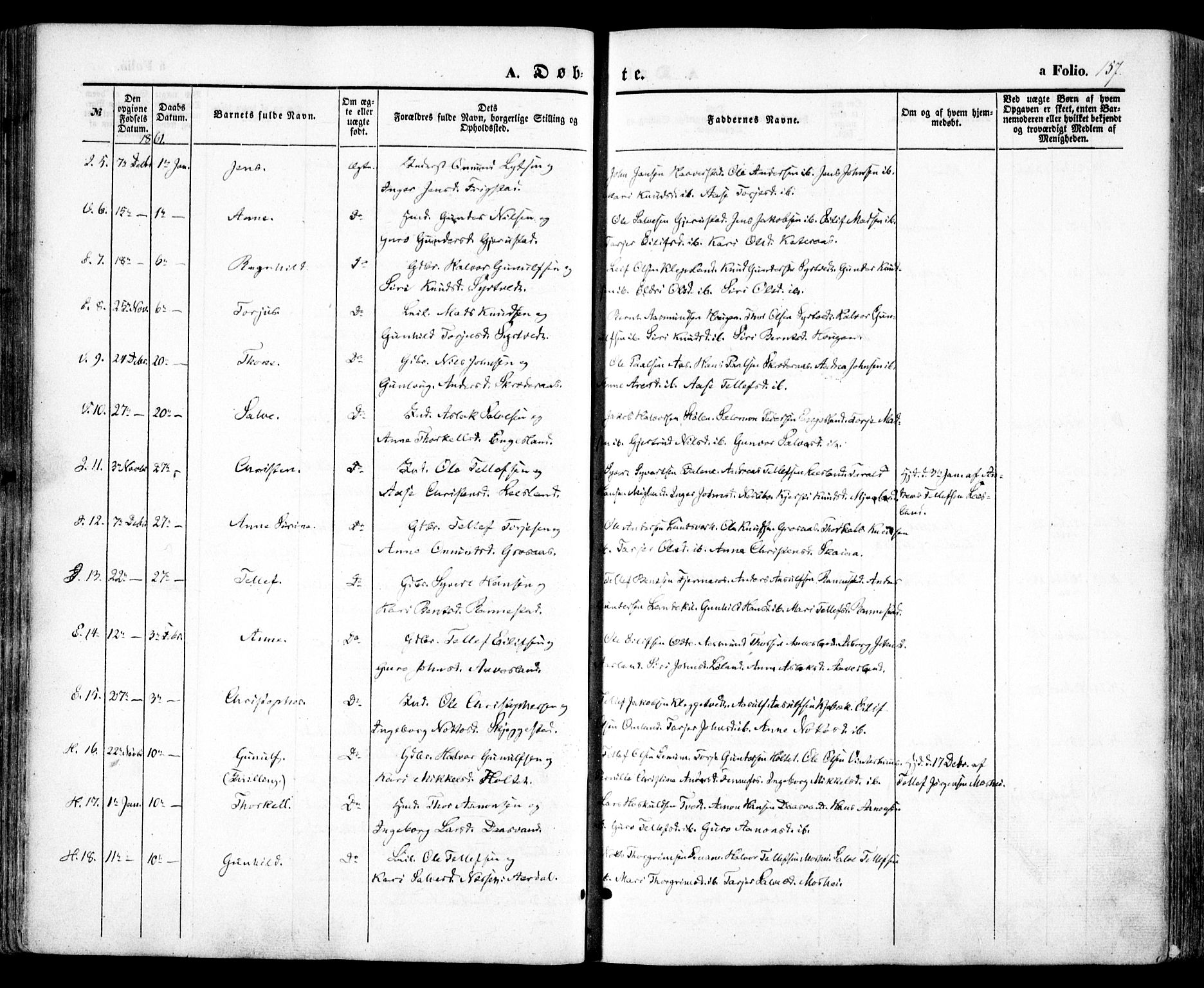 Evje sokneprestkontor, AV/SAK-1111-0008/F/Fa/Faa/L0005: Parish register (official) no. A 5, 1843-1865, p. 157