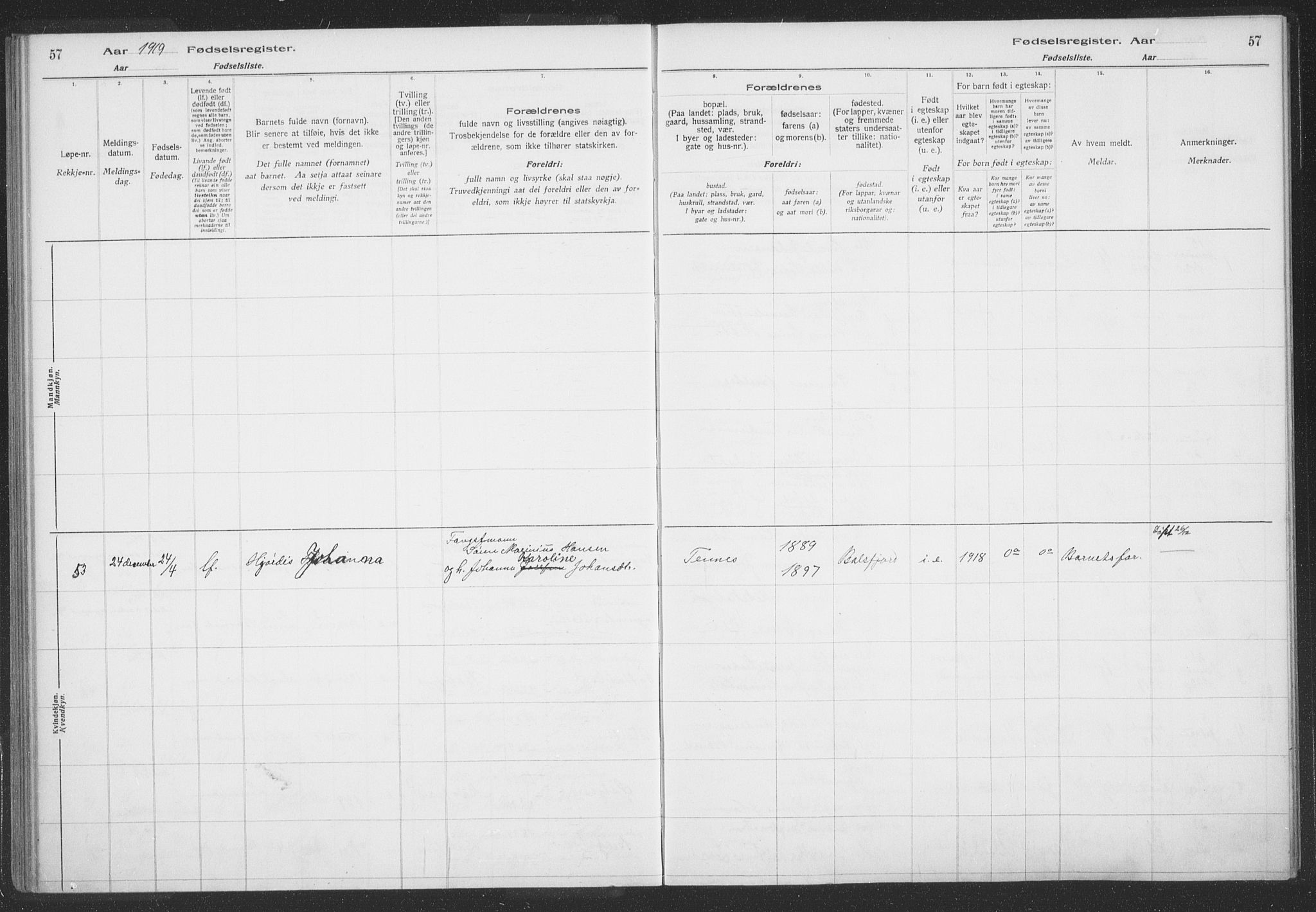Balsfjord sokneprestembete, AV/SATØ-S-1303/H/Hb/L0059: Birth register no. 59, 1916-1930, p. 57