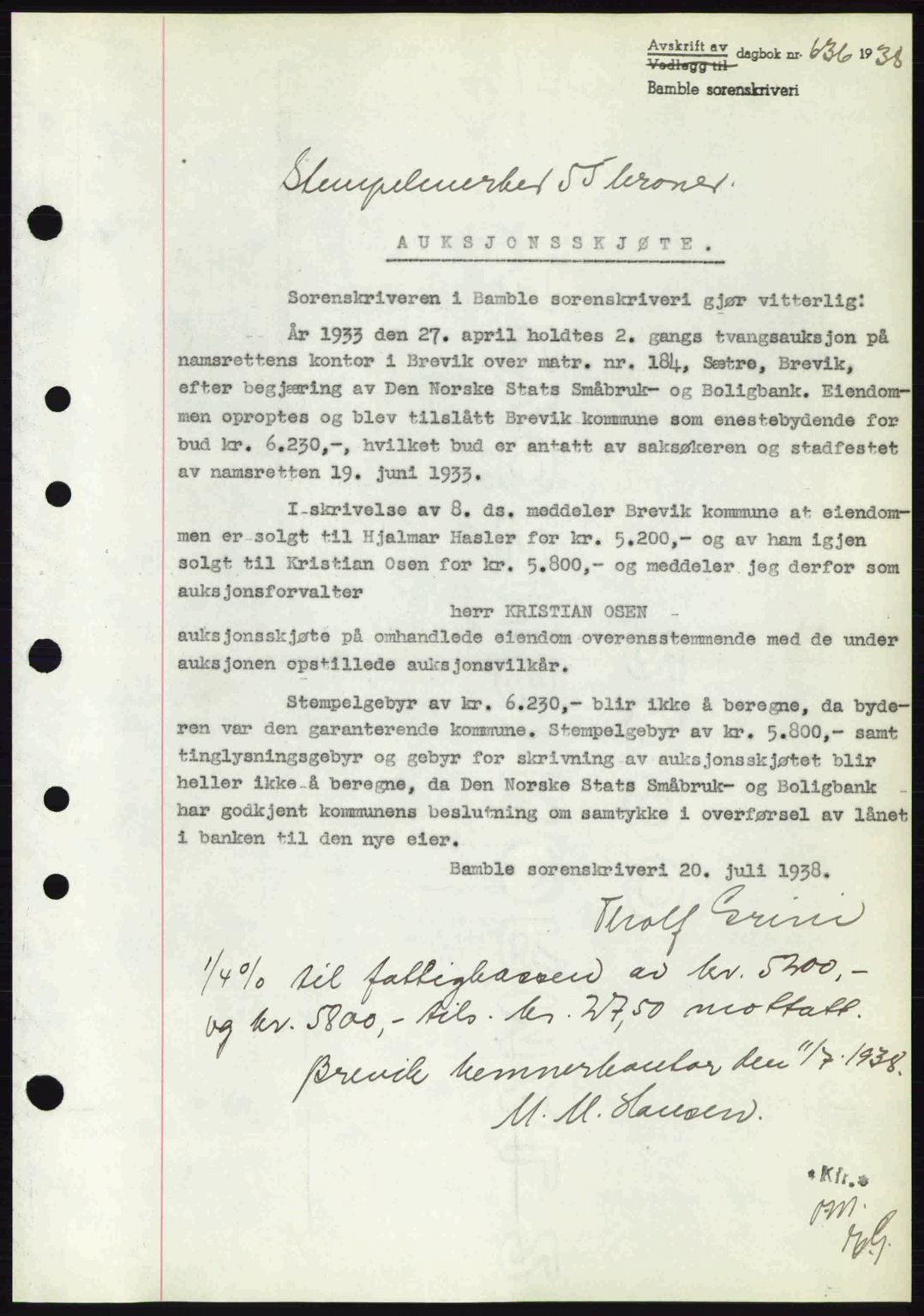 Bamble sorenskriveri, AV/SAKO-A-214/G/Ga/Gag/L0002: Mortgage book no. A-2, 1937-1938, Diary no: : 636/1938