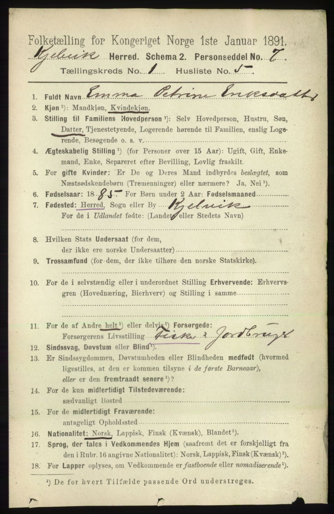 RA, 1891 census for 2019 Kjelvik, 1891, p. 65