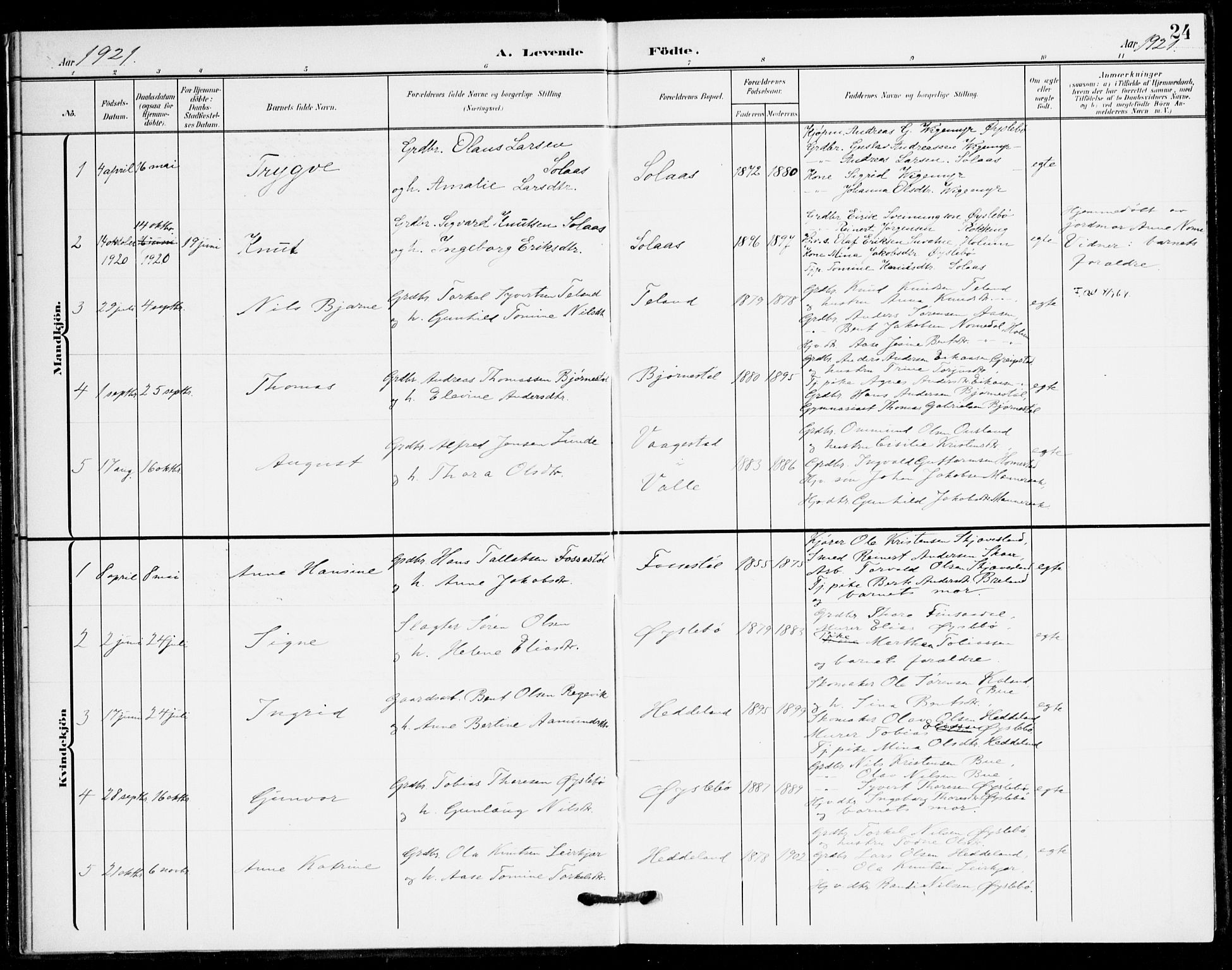 Holum sokneprestkontor, SAK/1111-0022/F/Fa/Fac/L0005: Parish register (official) no. A 5, 1908-1930, p. 24