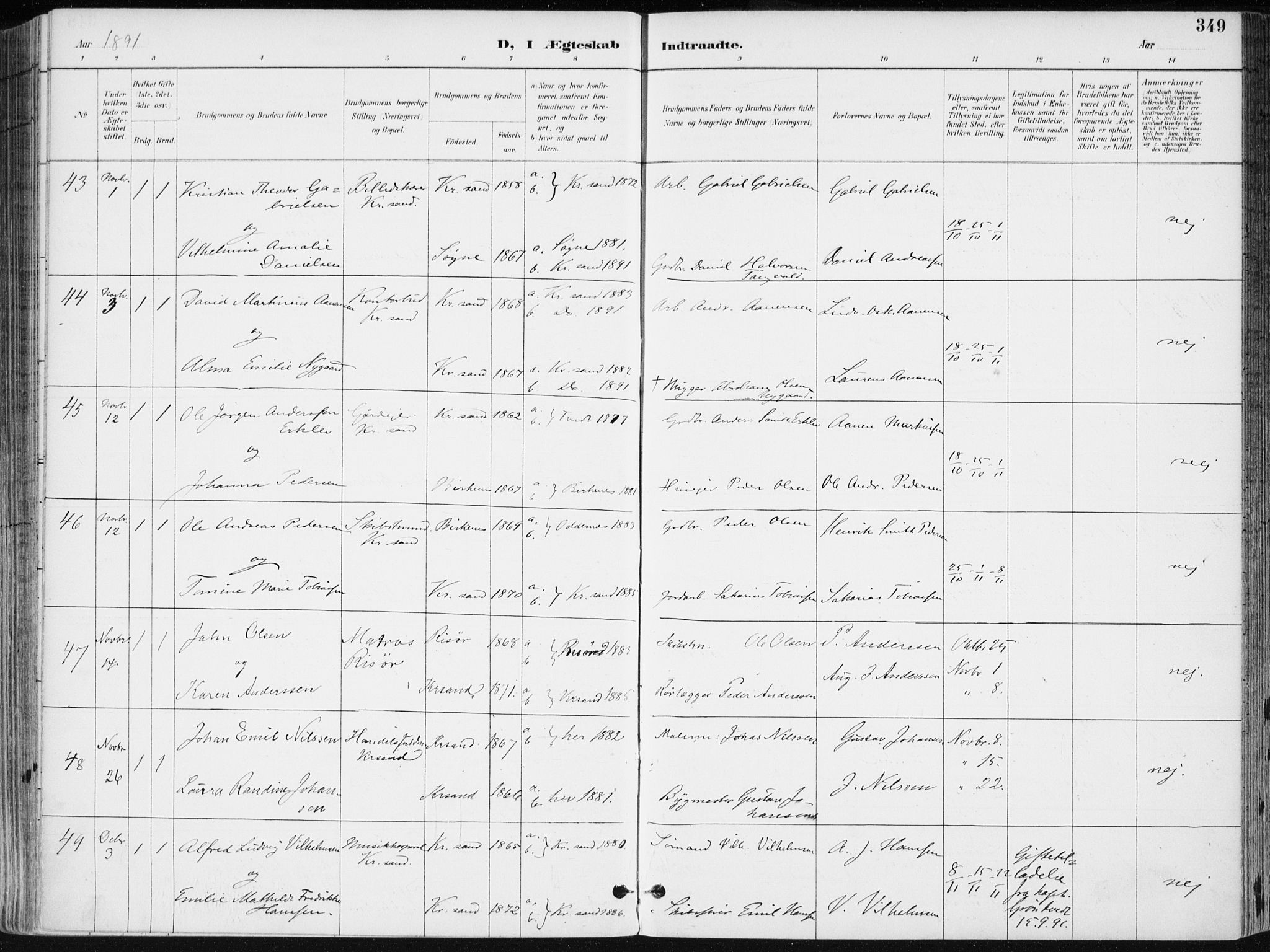 Kristiansand domprosti, SAK/1112-0006/F/Fa/L0019: Parish register (official) no. A 18, 1890-1897, p. 349