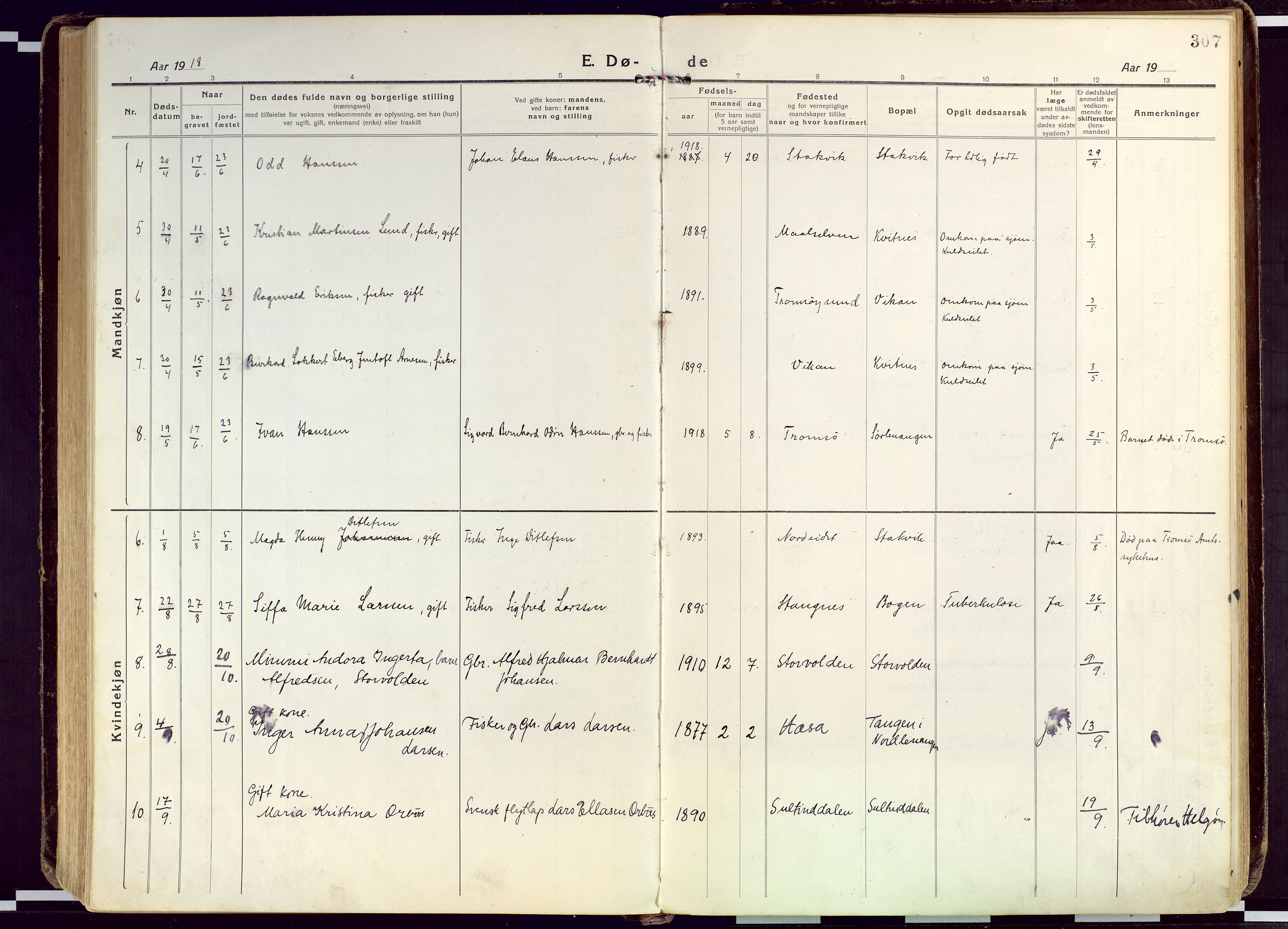 Karlsøy sokneprestembete, AV/SATØ-S-1299/H/Ha/Haa/L0015kirke: Parish register (official) no. 15, 1918-1929, p. 307