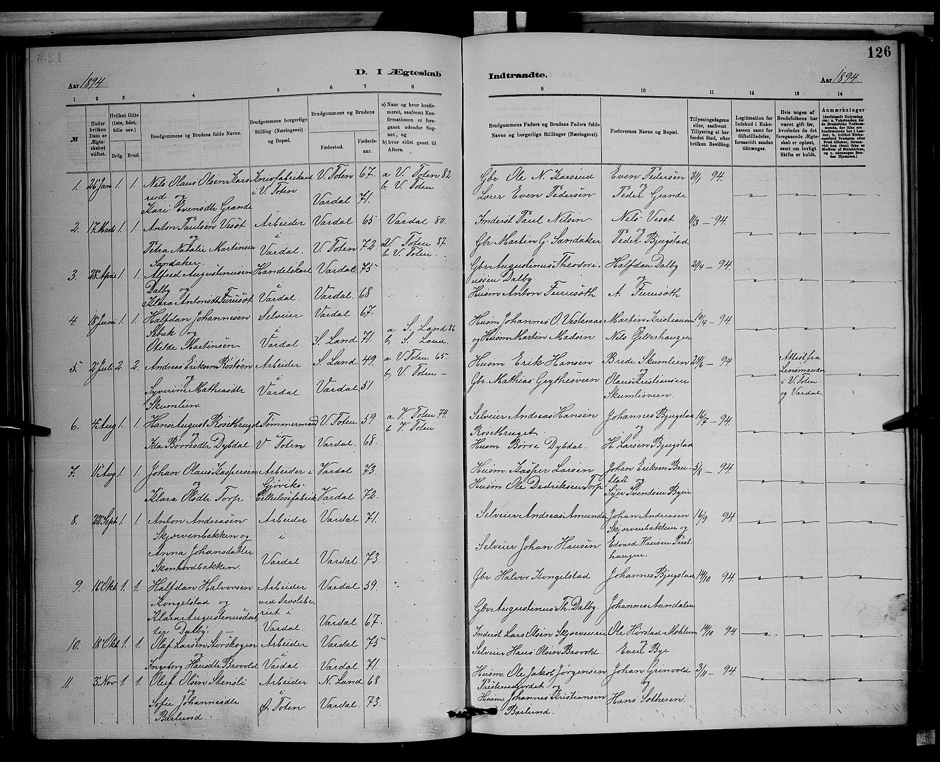 Vardal prestekontor, SAH/PREST-100/H/Ha/Hab/L0008: Parish register (copy) no. 8, 1881-1898, p. 126