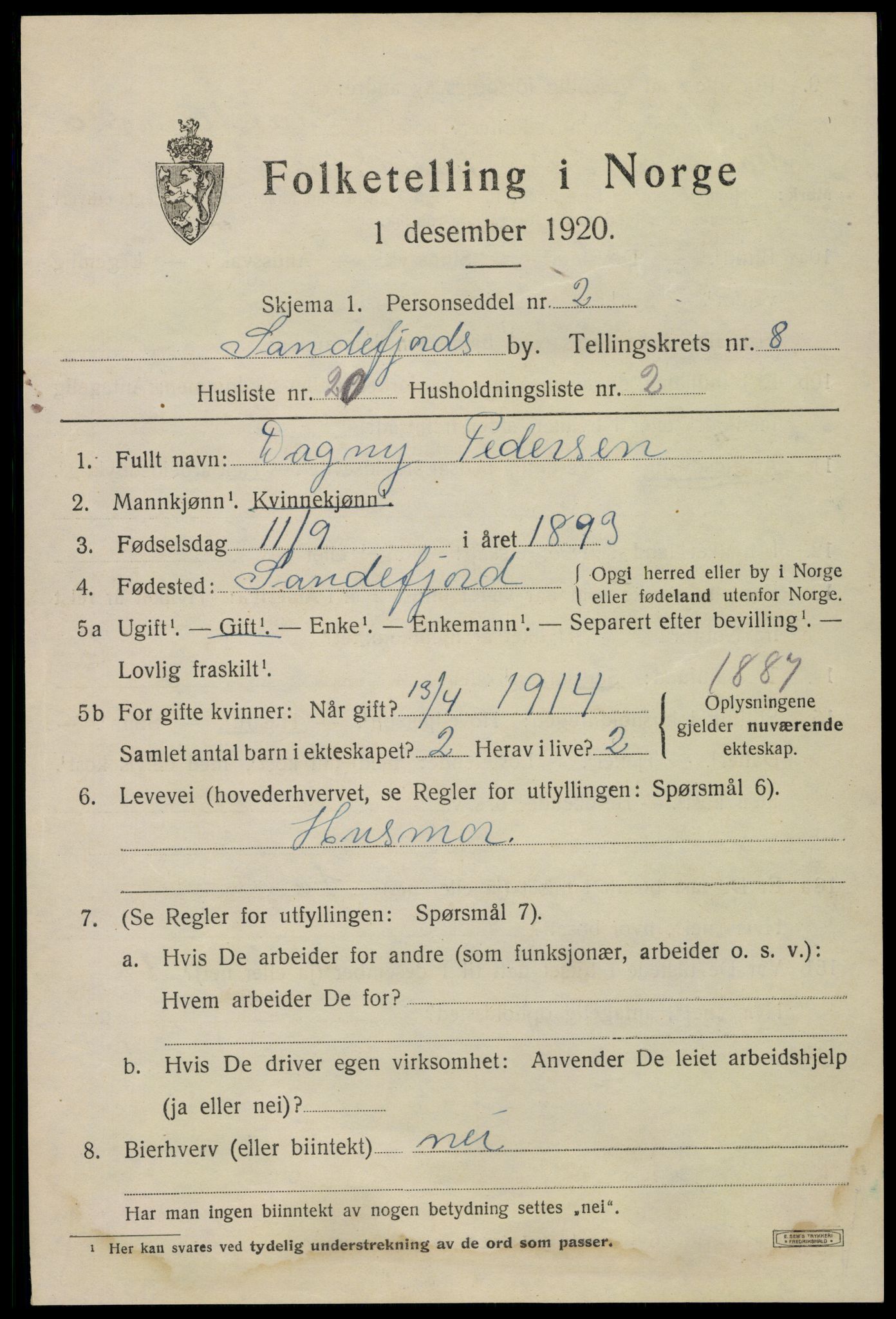 SAKO, 1920 census for Sandefjord, 1920, p. 12054