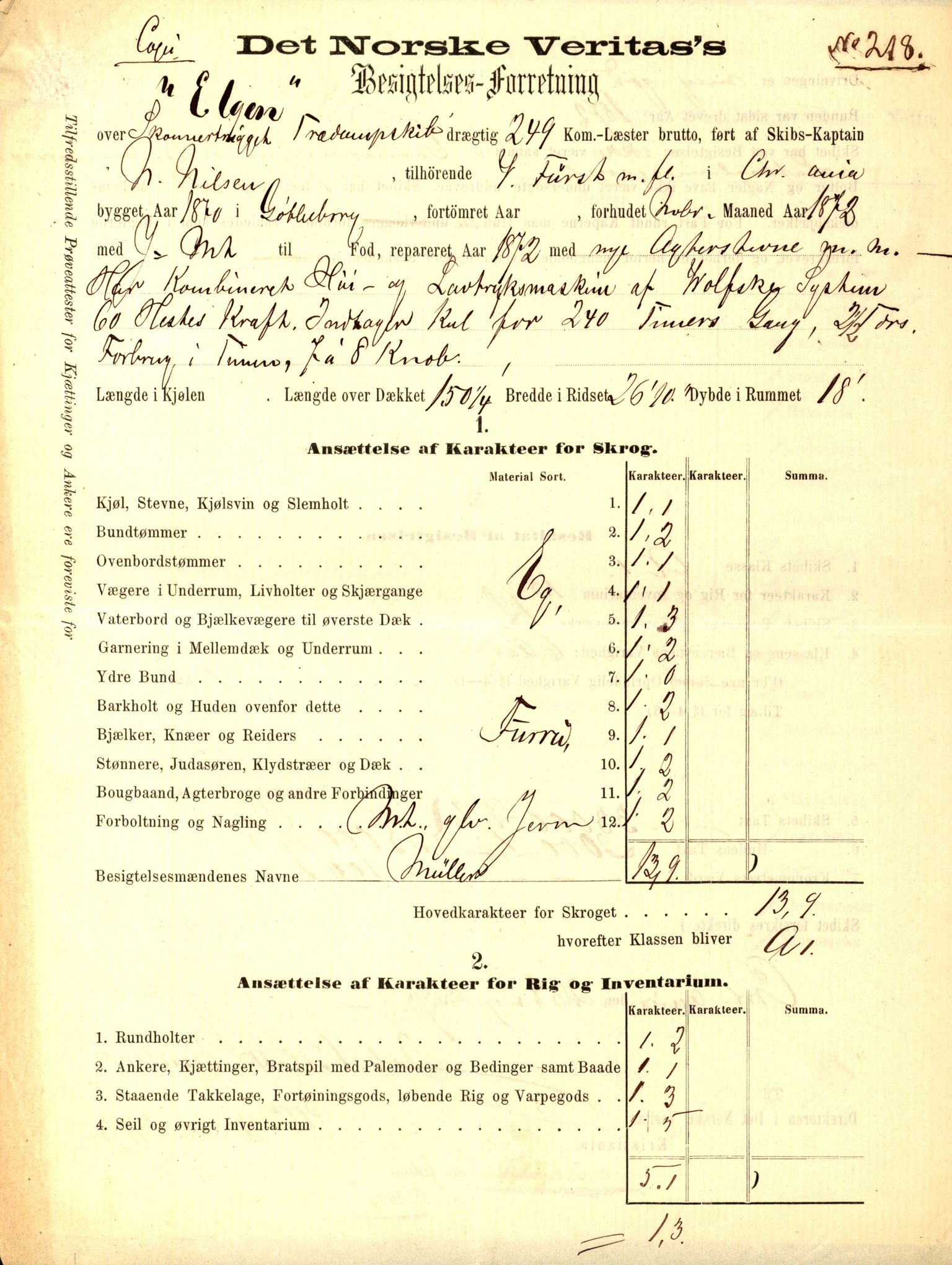 Pa 63 - Østlandske skibsassuranceforening, VEMU/A-1079/G/Ga/L0006/0012: Havaridokumenter / Elgen, 1874