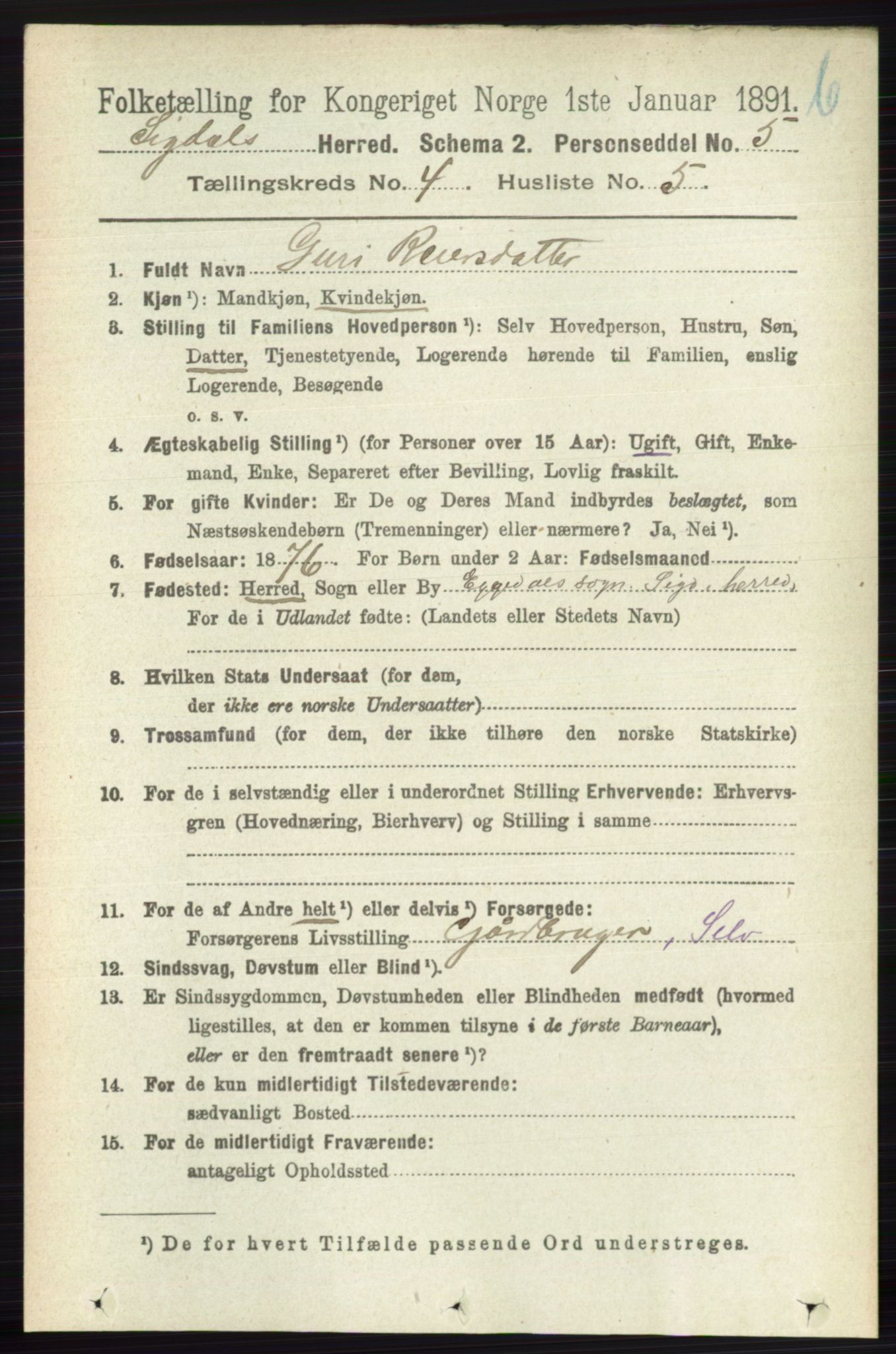 RA, 1891 census for 0621 Sigdal, 1891, p. 4692