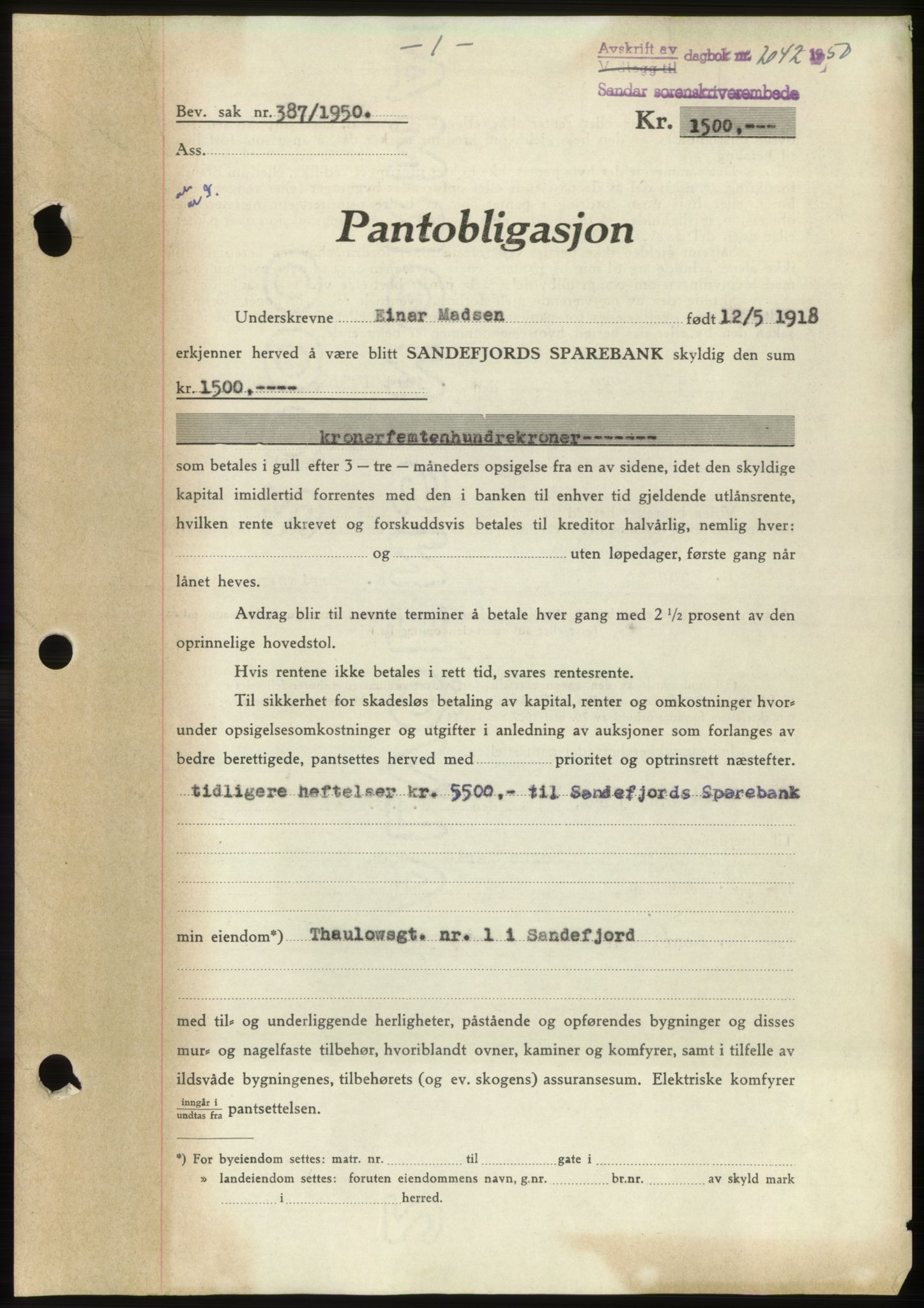 Sandar sorenskriveri, SAKO/A-86/G/Ga/Gab/L0009: Mortgage book no. B-22, 1950-1950, Diary no: : 2042/1950