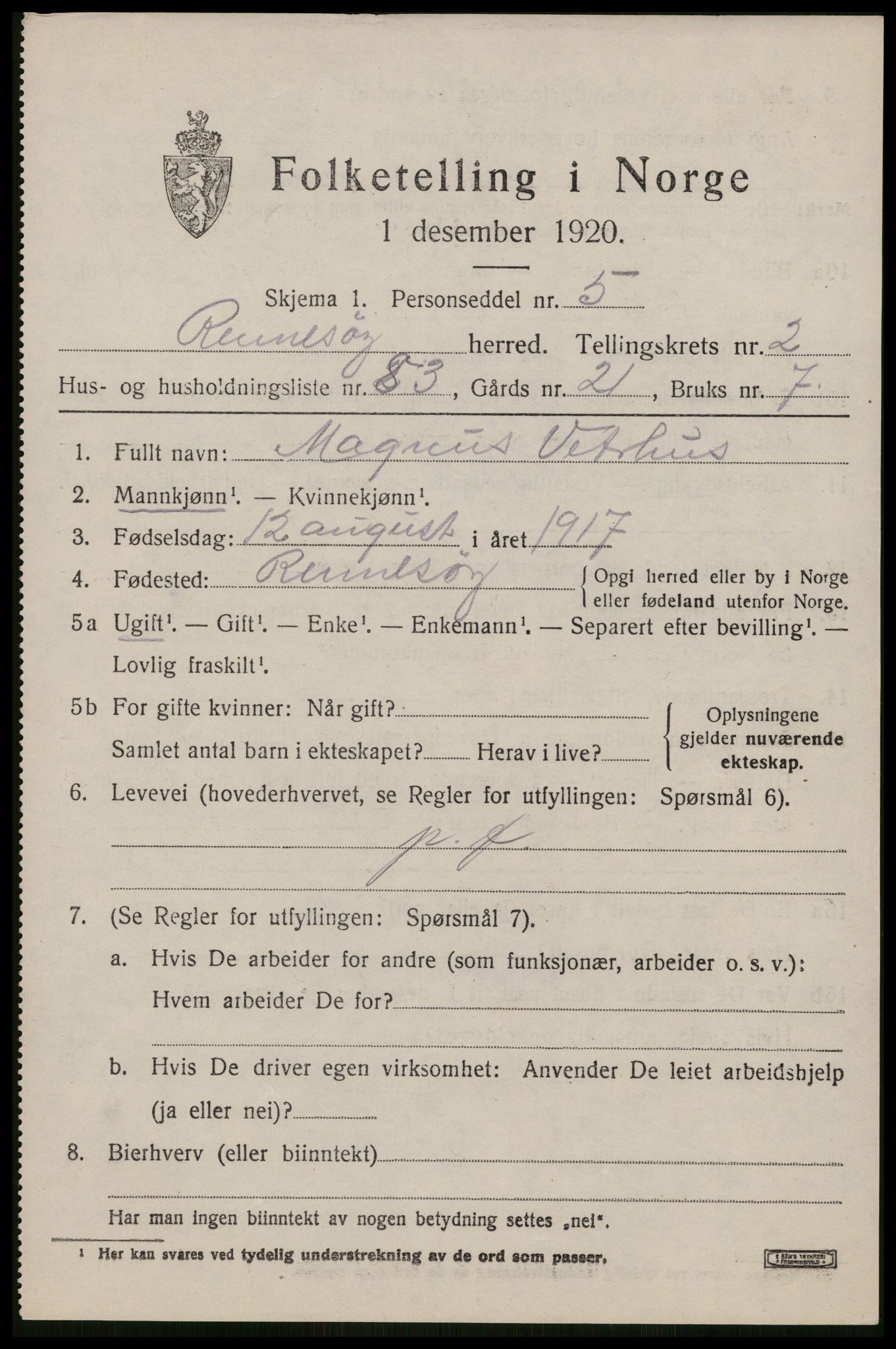 SAST, 1920 census for Rennesøy, 1920, p. 1934