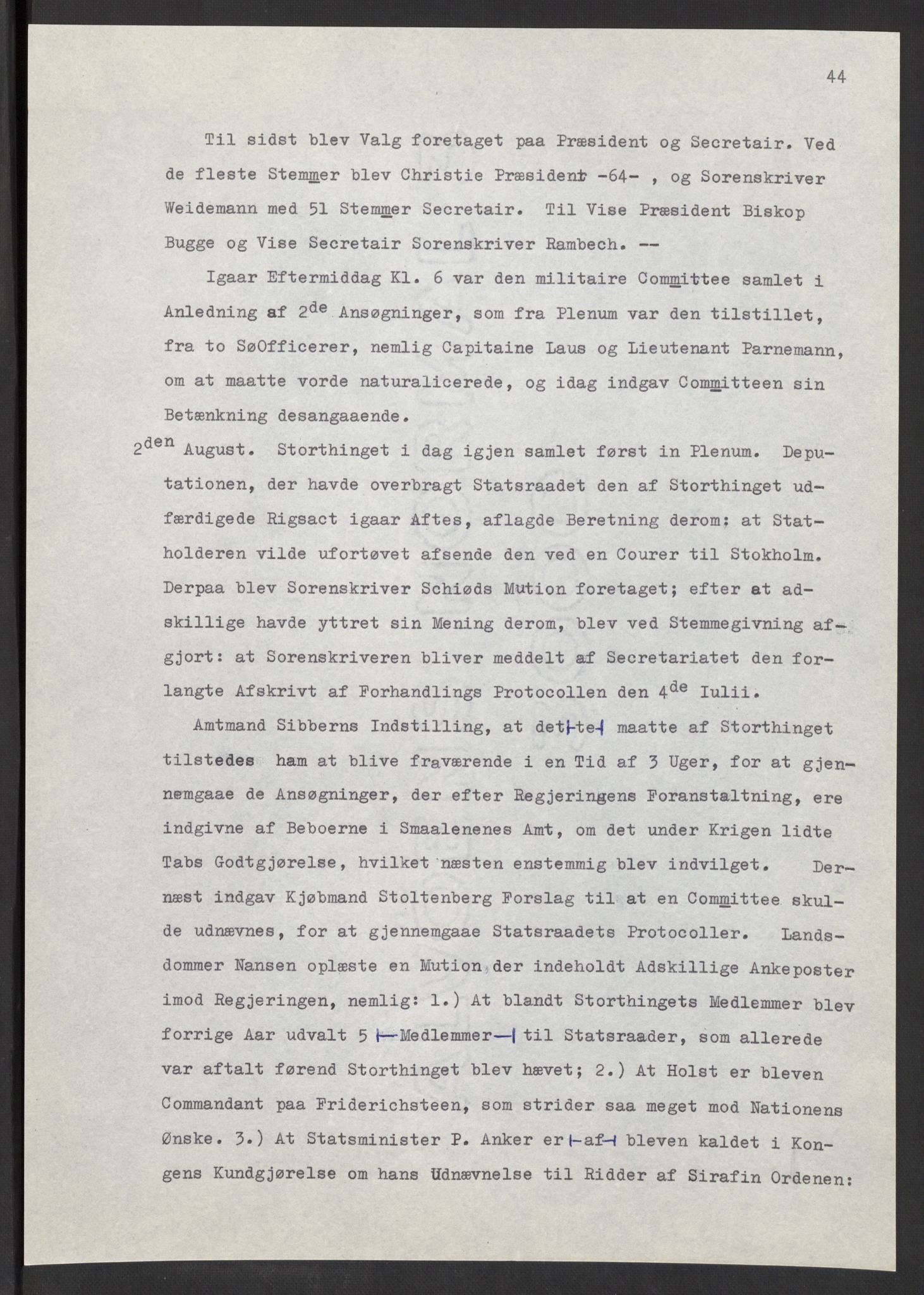 Manuskriptsamlingen, AV/RA-EA-3667/F/L0197: Wetlesen, Hans Jørgen (stortingsmann, ingeniørkaptein); Referat fra Stortinget 1815-1816, 1815-1816, p. 44