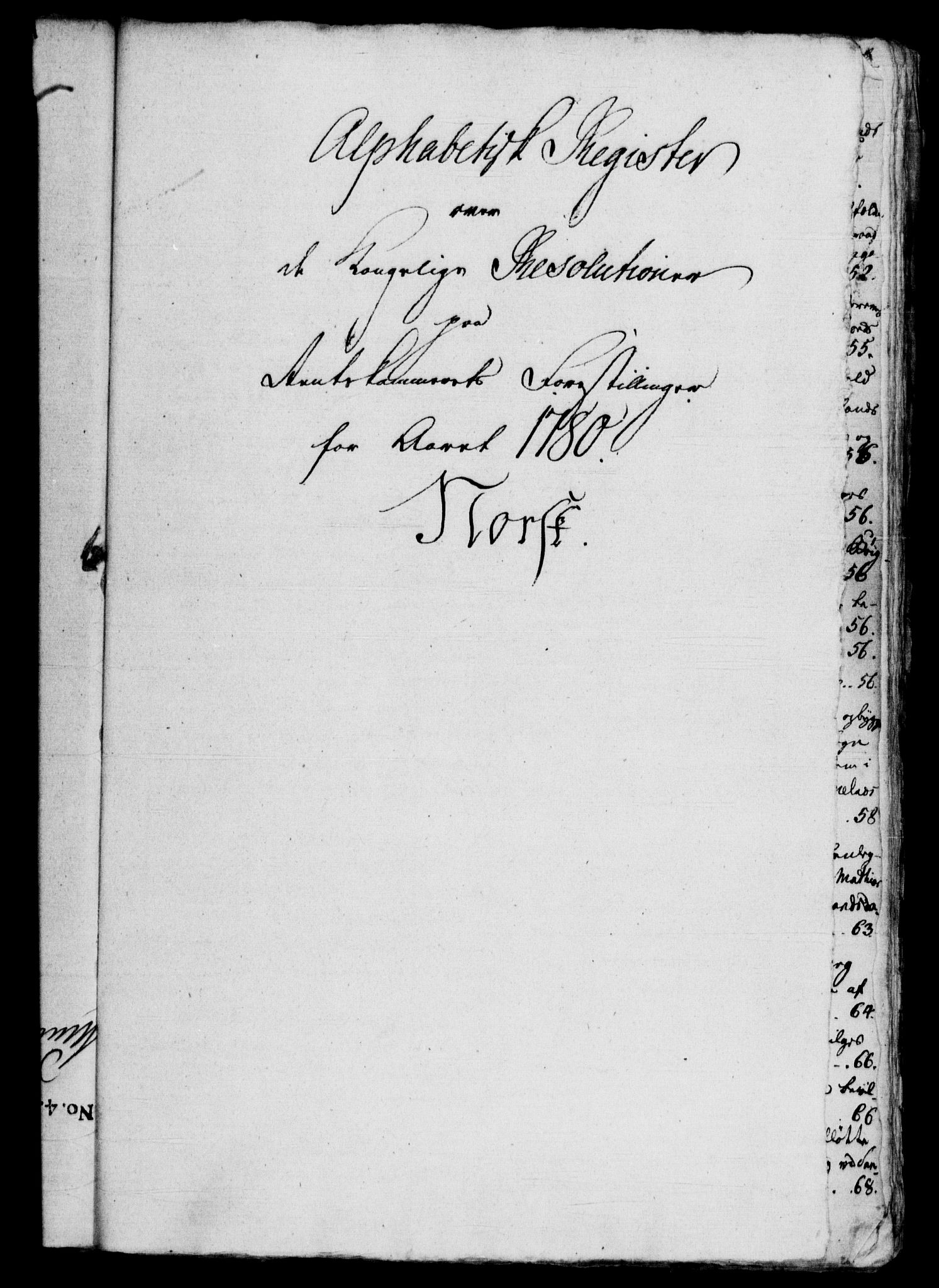Rentekammeret, Kammerkanselliet, RA/EA-3111/G/Gf/Gfb/L0010: Register til norske relasjons- og resolusjonsprotokoller (merket RK 52.105), 1775-1780, p. 254