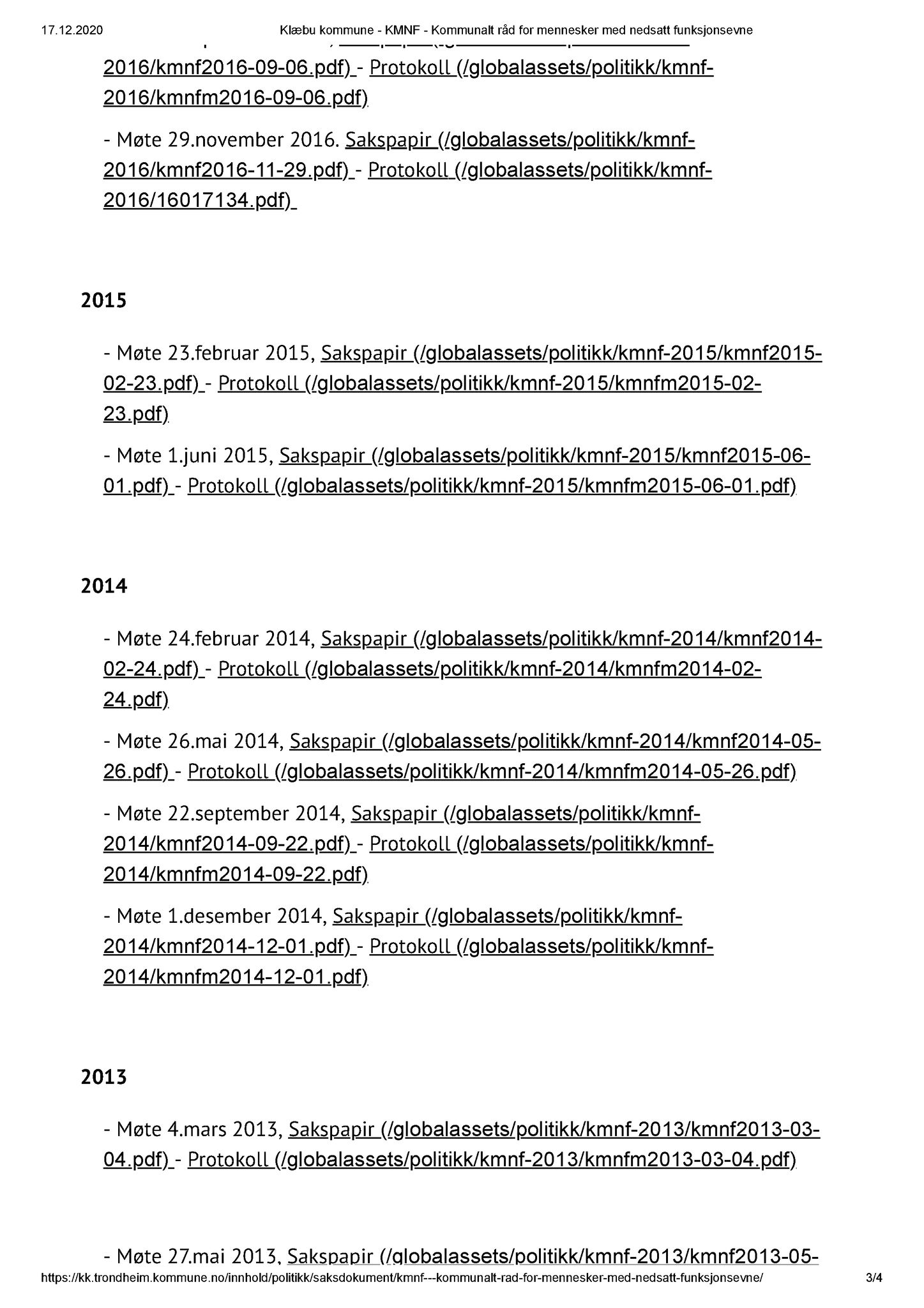 Klæbu Kommune, TRKO/KK/08-KMNF/L001: Kommunalt råd for mennesker med nedsatt funksjonsevne - Møteoversikt, 2012-2019, p. 3