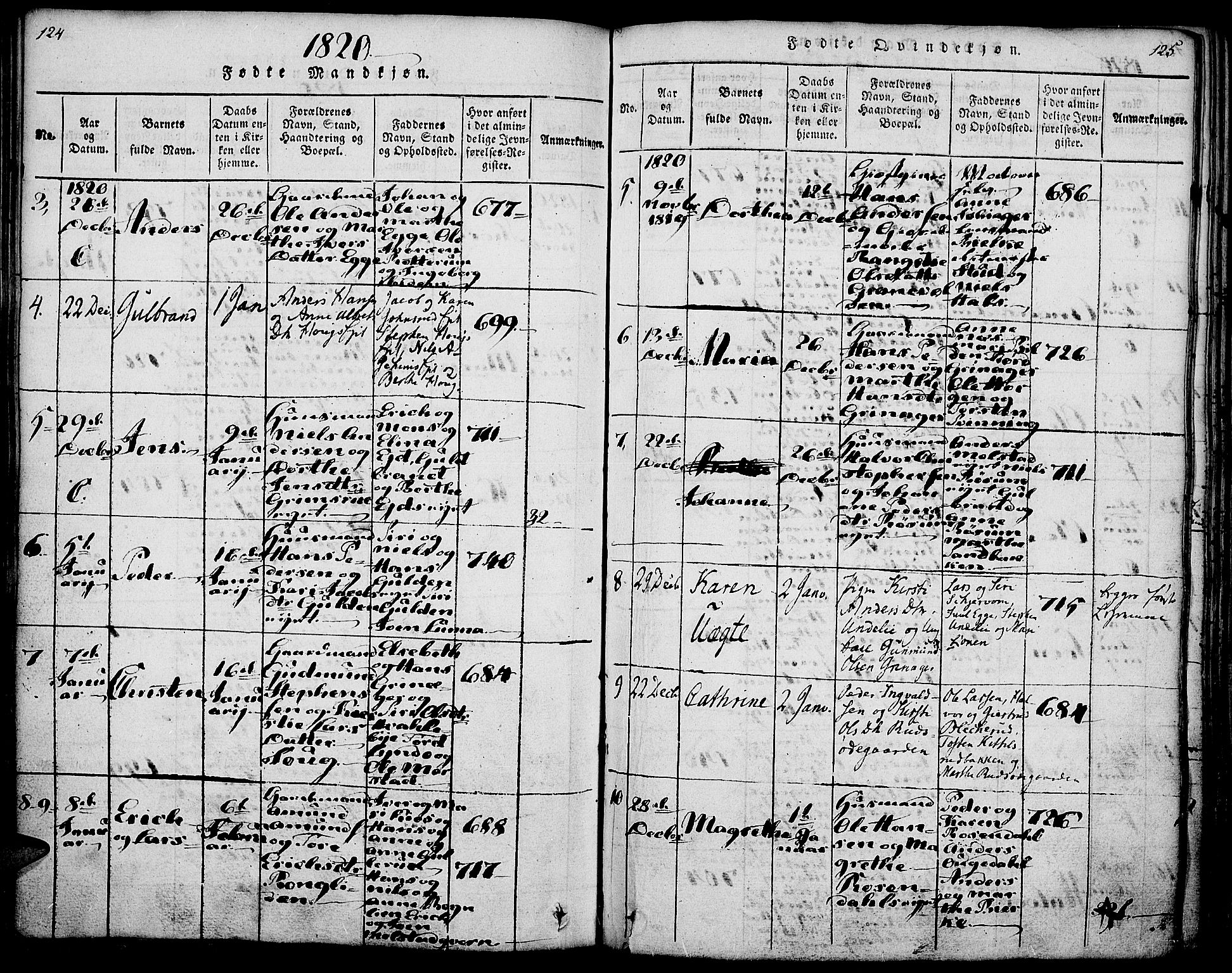Gran prestekontor, SAH/PREST-112/H/Ha/Haa/L0009: Parish register (official) no. 9, 1815-1824, p. 124-125