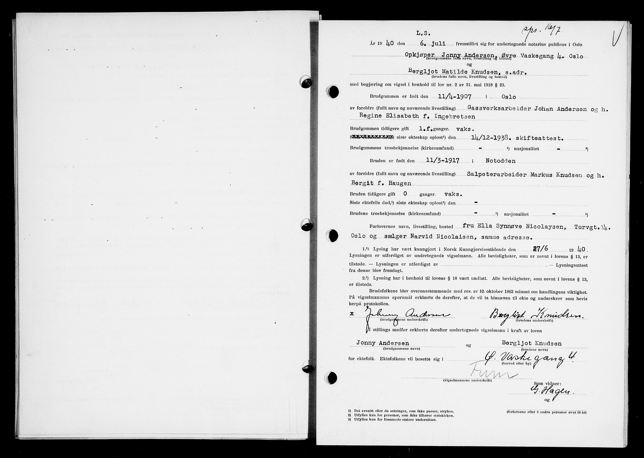 Oslo byfogd avd. I, AV/SAO-A-10220/L/Lb/Lbb/L0035: Notarialprotokoll, rekke II: Vigsler, 1940