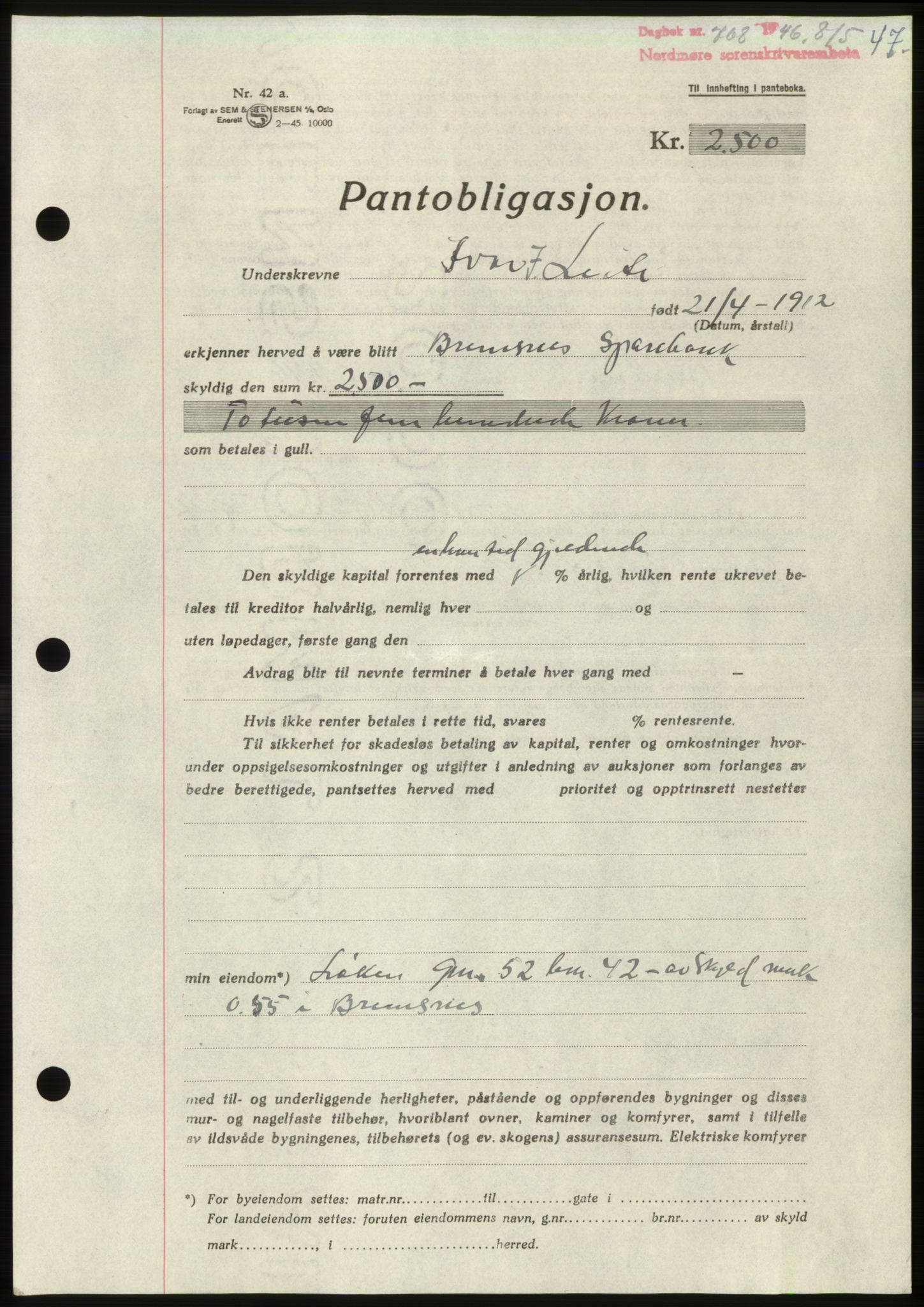 Nordmøre sorenskriveri, AV/SAT-A-4132/1/2/2Ca: Mortgage book no. B94, 1946-1946, Diary no: : 768/1946