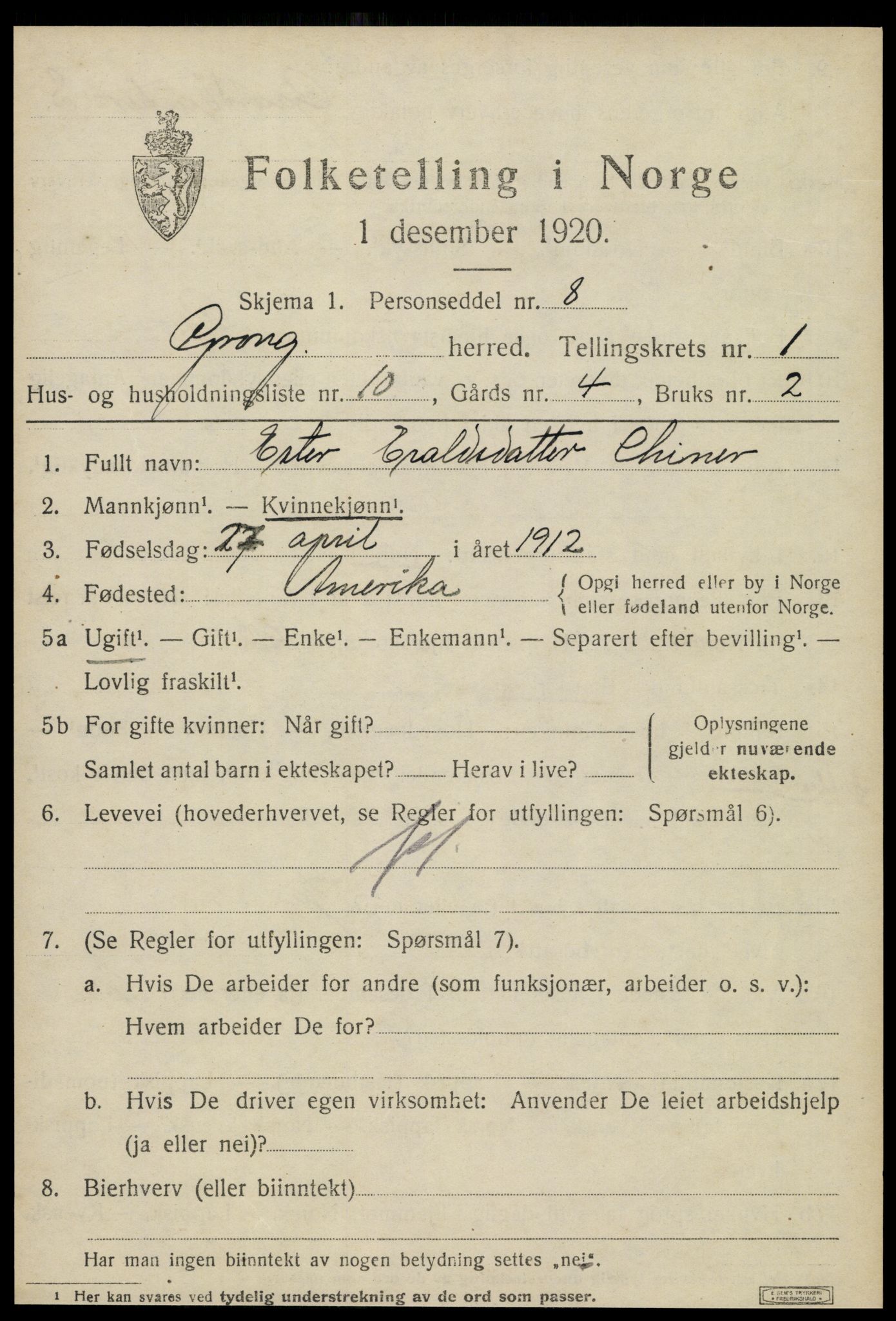 SAT, 1920 census for Grong, 1920, p. 1157