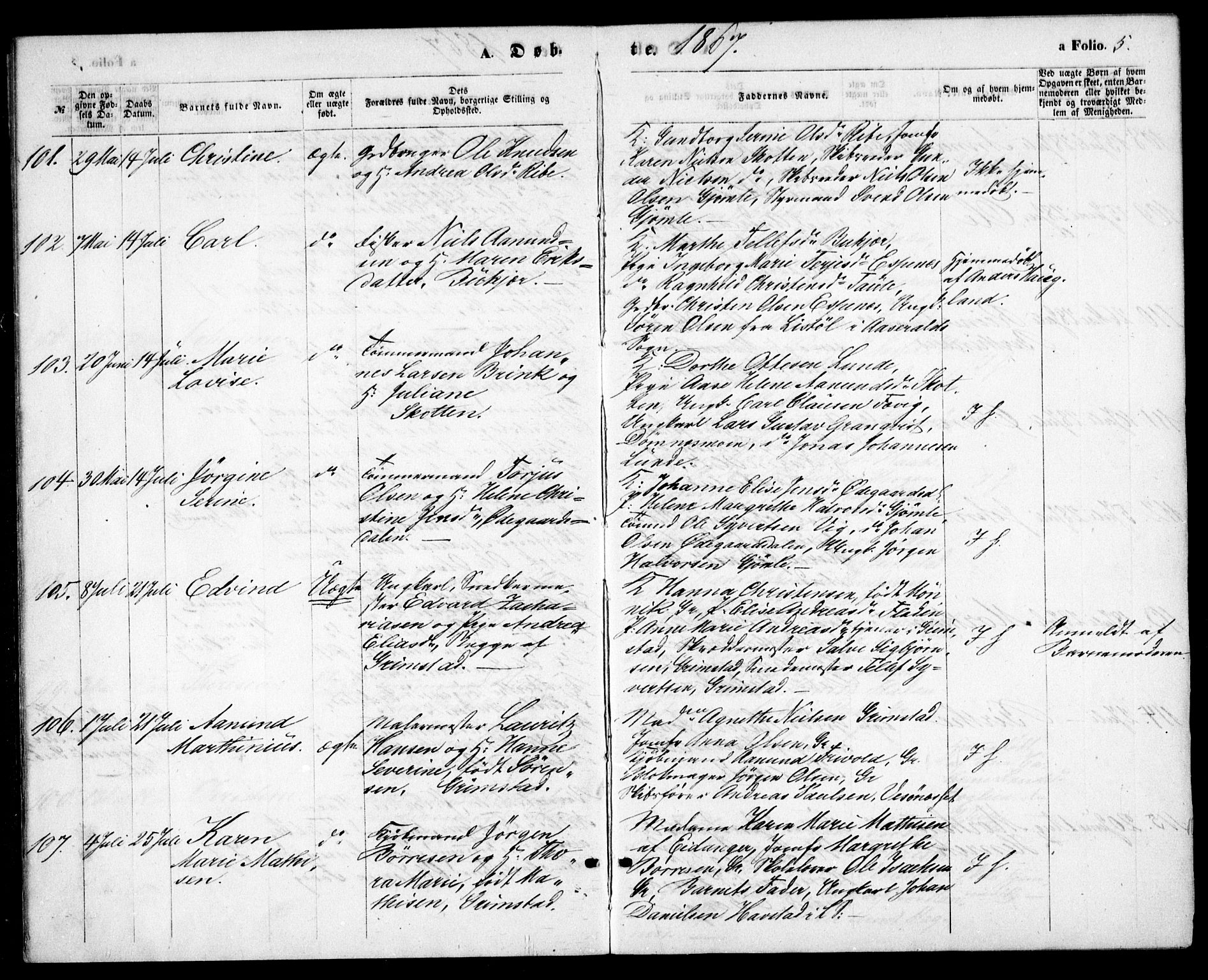 Fjære sokneprestkontor, SAK/1111-0011/F/Fb/L0009: Parish register (copy) no. B 9, 1867-1870, p. 5