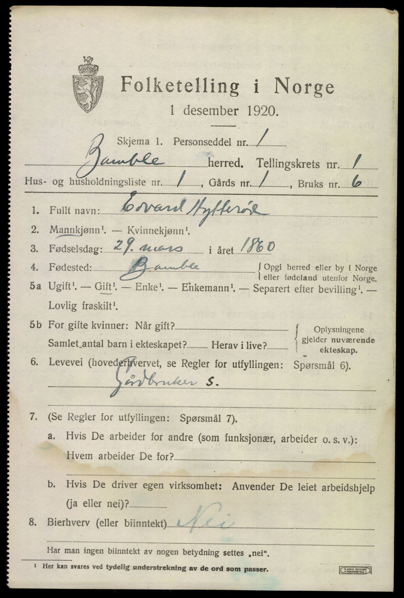 SAKO, 1920 census for Bamble, 1920, p. 2005