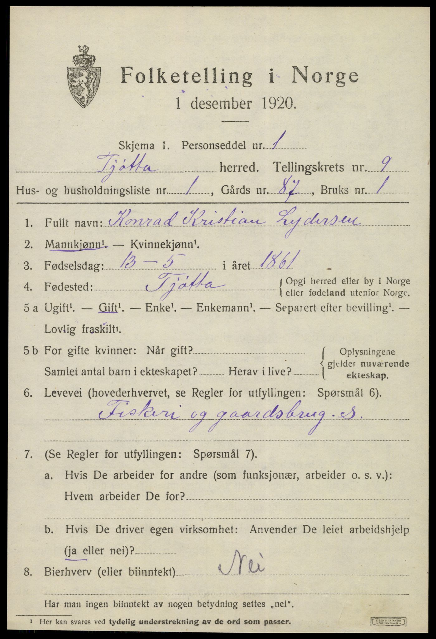 SAT, 1920 census for Tjøtta, 1920, p. 3913