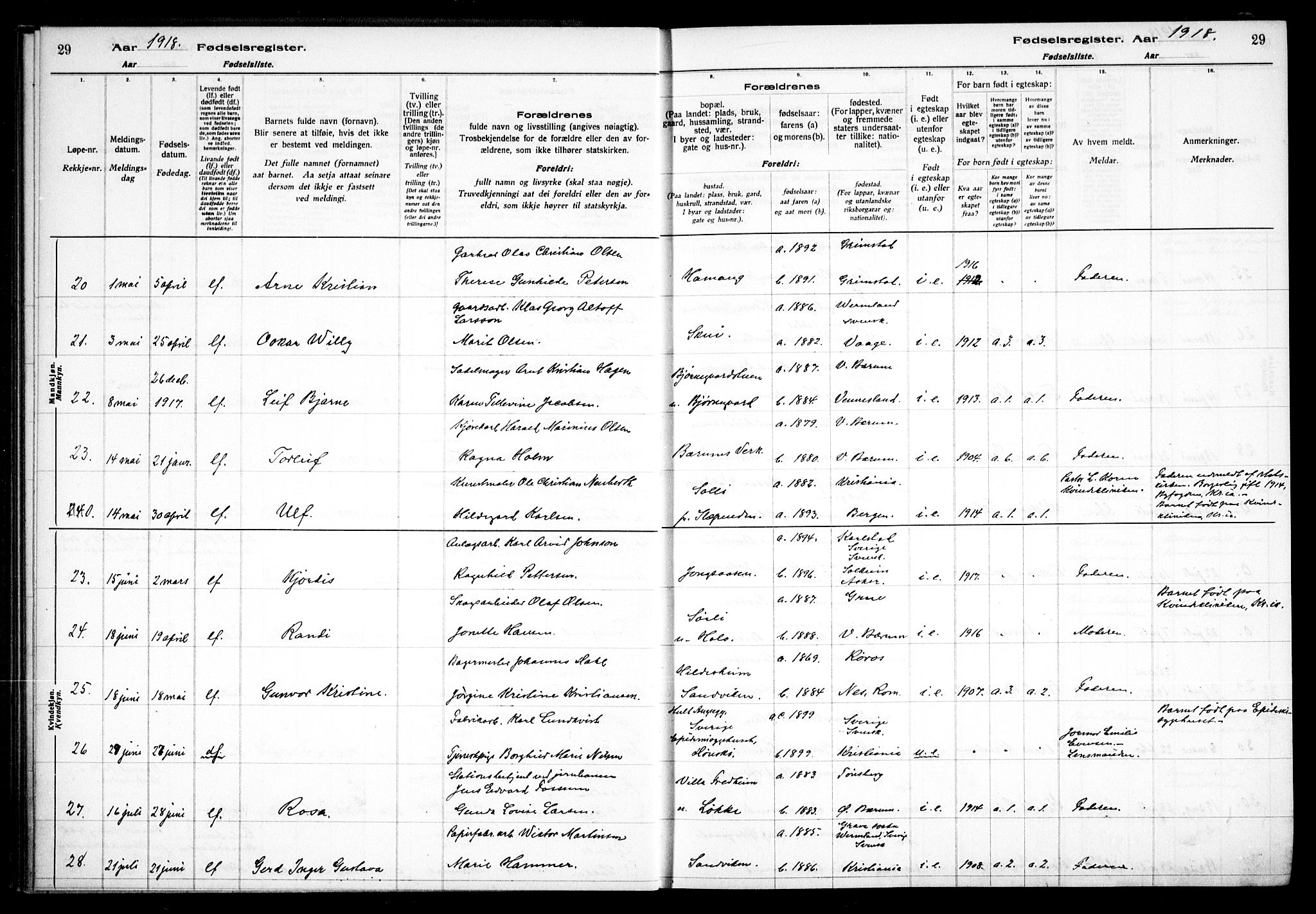 Vestre Bærum prestekontor Kirkebøker, AV/SAO-A-10209a/J/L0001: Birth register no. 1, 1916-1926, p. 29