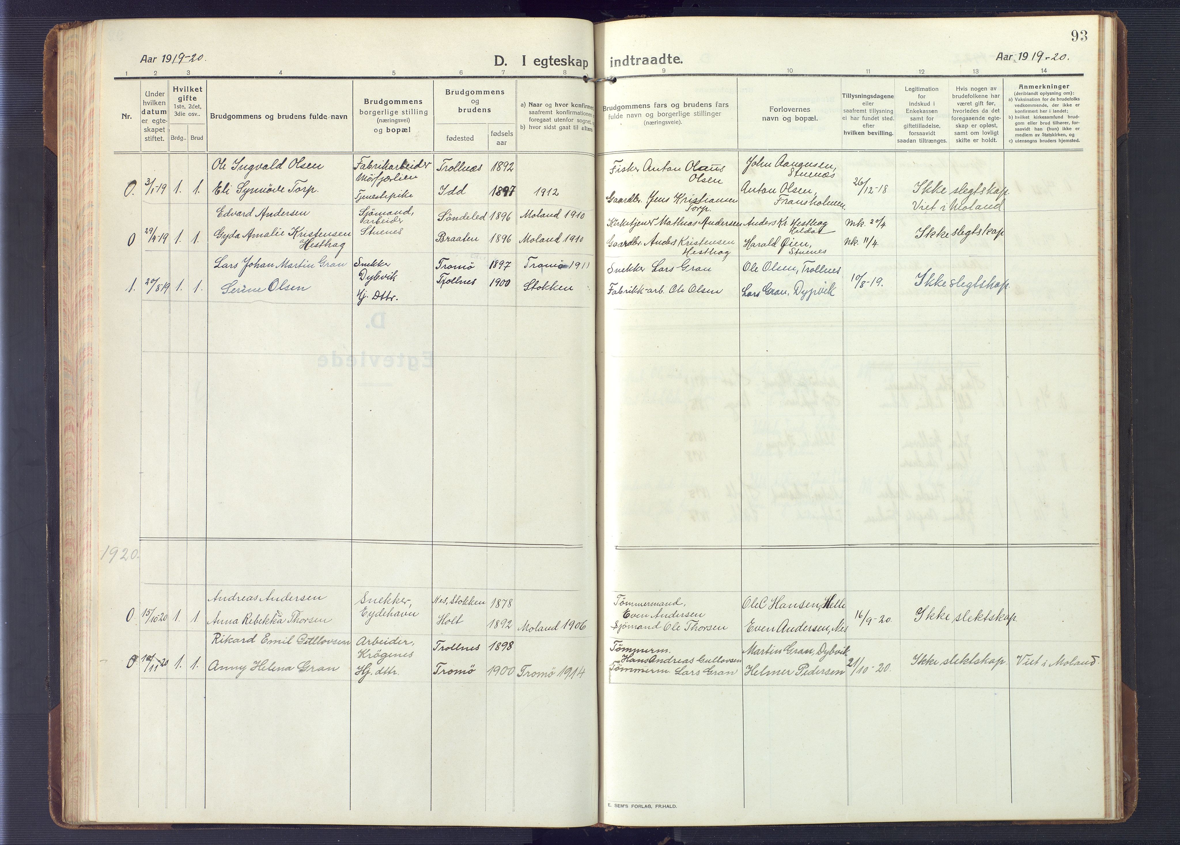Austre Moland sokneprestkontor, SAK/1111-0001/F/Fb/Fbb/L0004: Parish register (copy) no. B 4, 1914-1929, p. 93