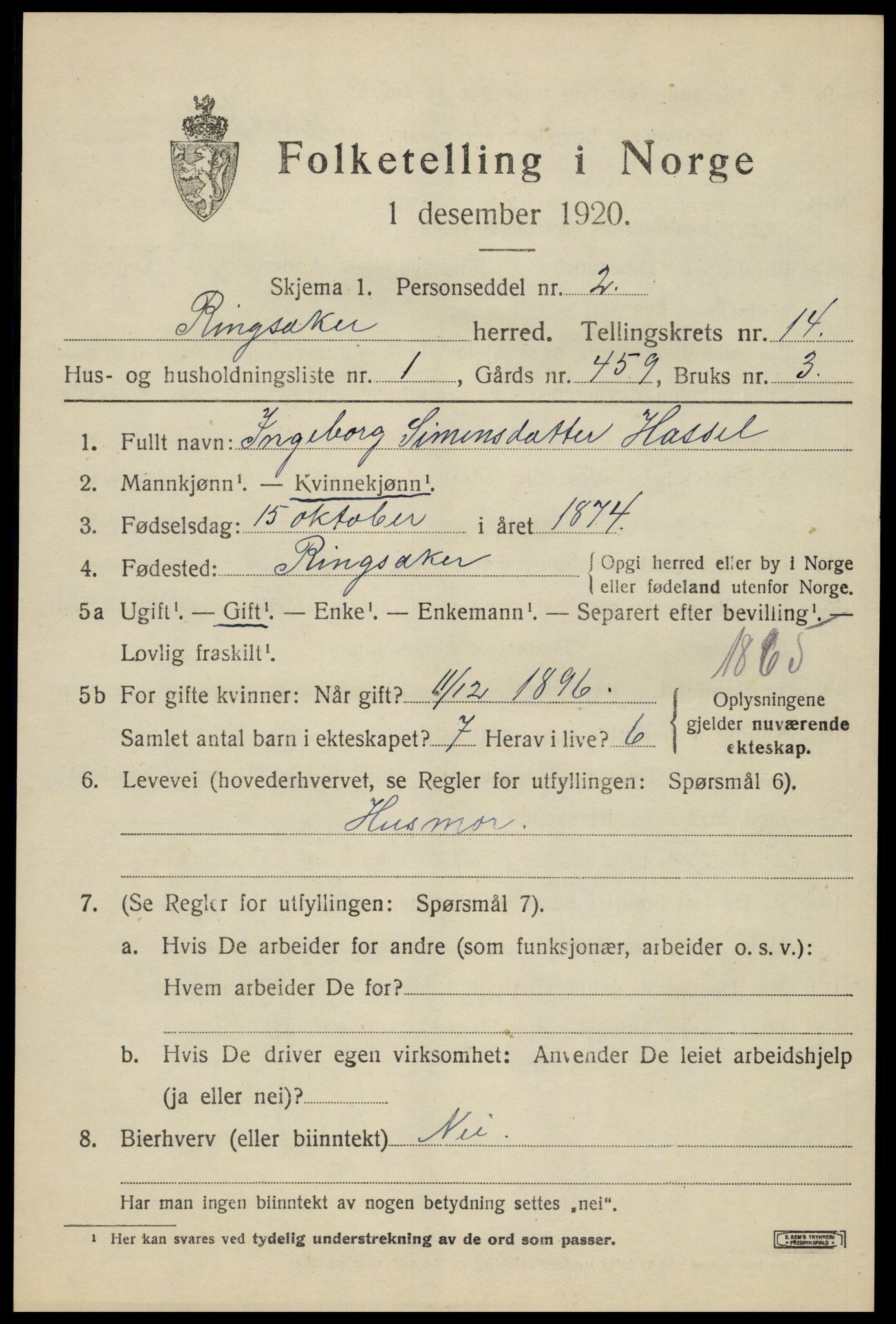 SAH, 1920 census for Ringsaker, 1920, p. 21562