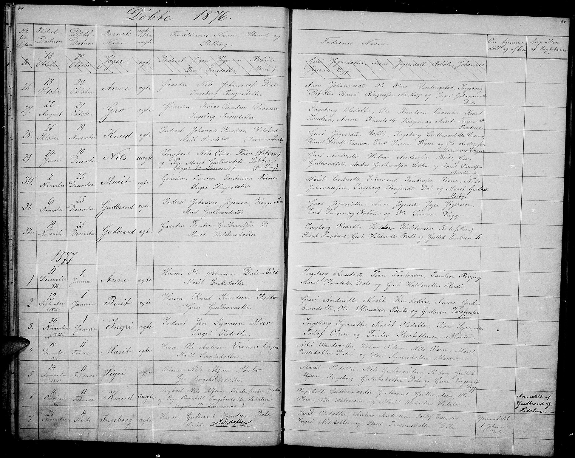 Øystre Slidre prestekontor, SAH/PREST-138/H/Ha/Hab/L0001: Parish register (copy) no. 1, 1866-1886, p. 44-45