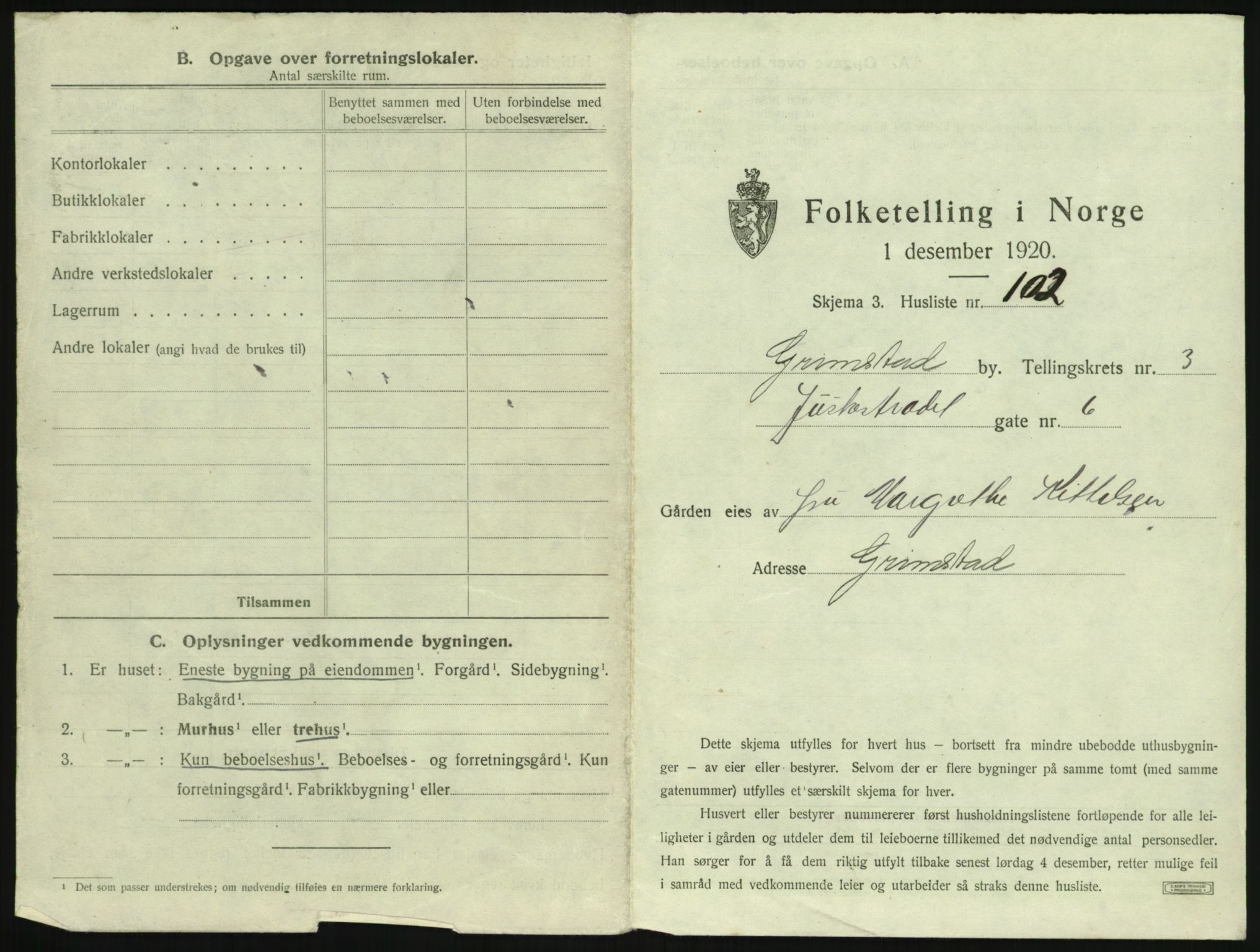 SAK, 1920 census for Grimstad, 1920, p. 605