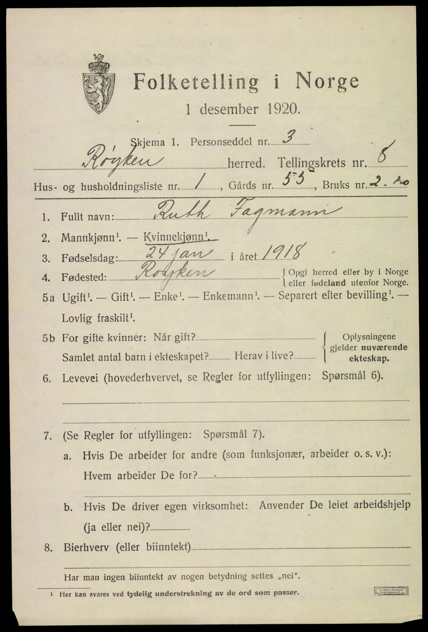 SAKO, 1920 census for Røyken, 1920, p. 11698