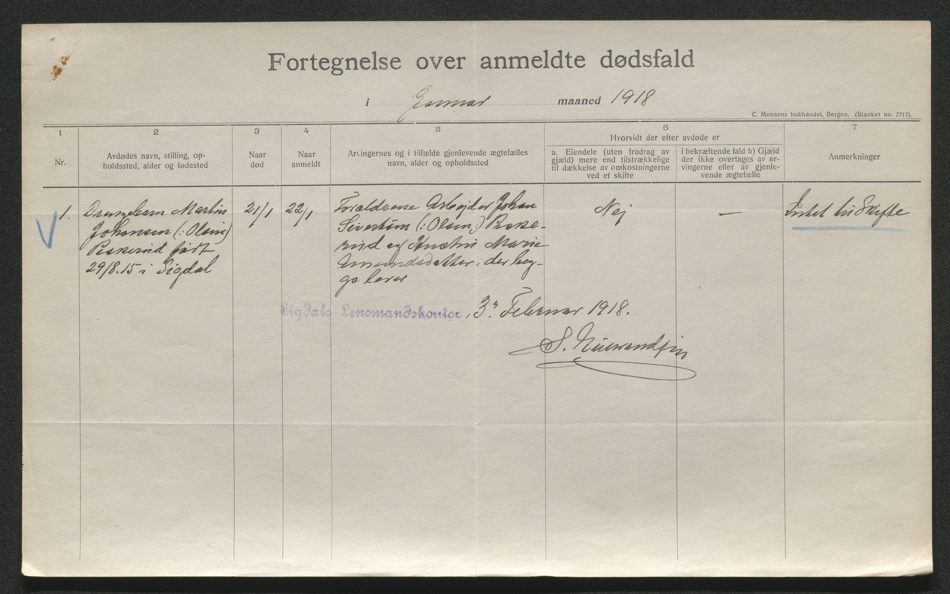 Eiker, Modum og Sigdal sorenskriveri, AV/SAKO-A-123/H/Ha/Hab/L0039: Dødsfallsmeldinger, 1918-1919, p. 630